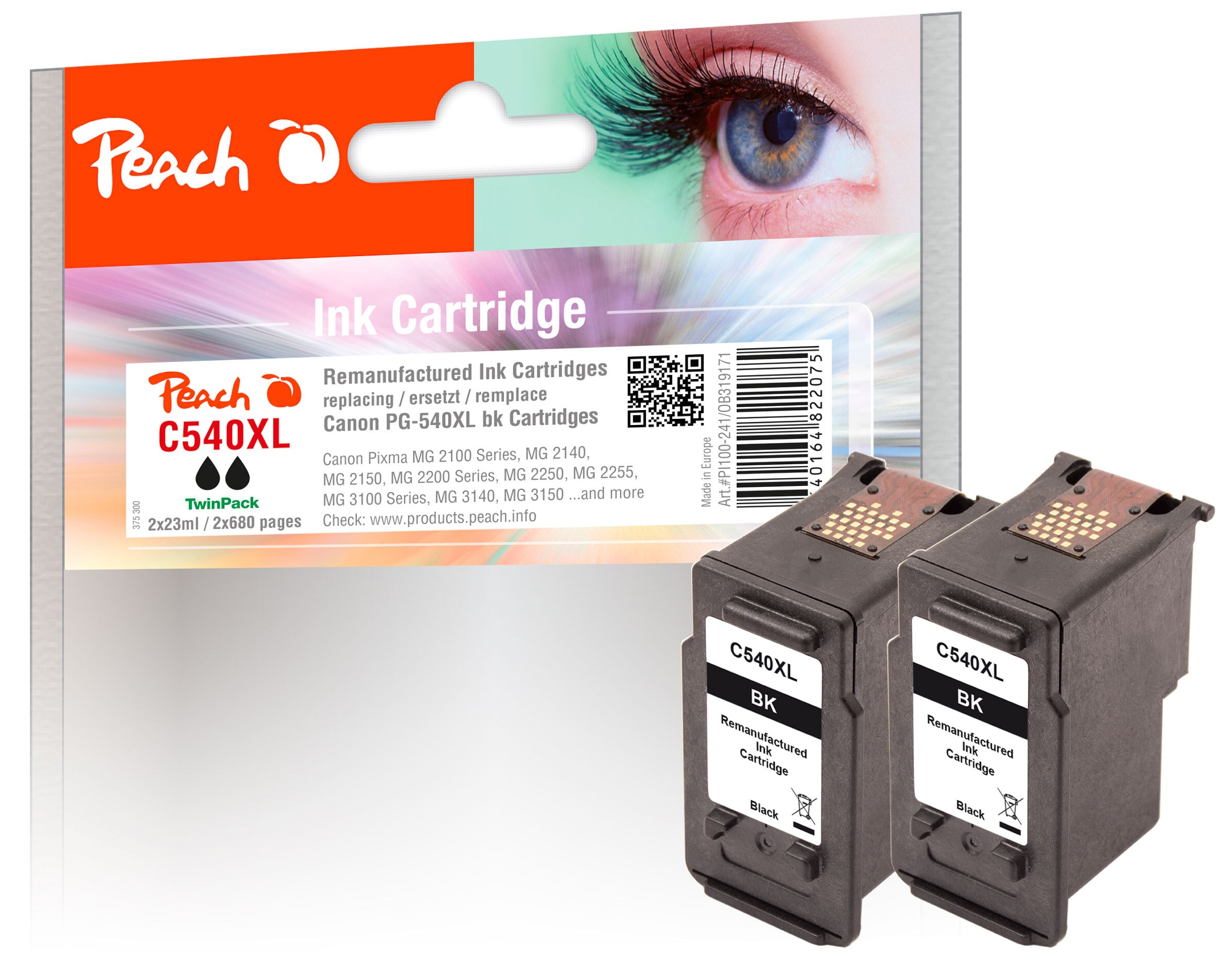 Peach C540 XLBK 2 Druckerpatronen XL 2*bk ersetzt Canon PG-540XLBK*2, 5222B005 f&uuml;r z.B. Canon Pixma TS 5150, Canon Pixma MG 4250, Canon Pixma MG 3650 (wiederaufbereitet) - Bild 1