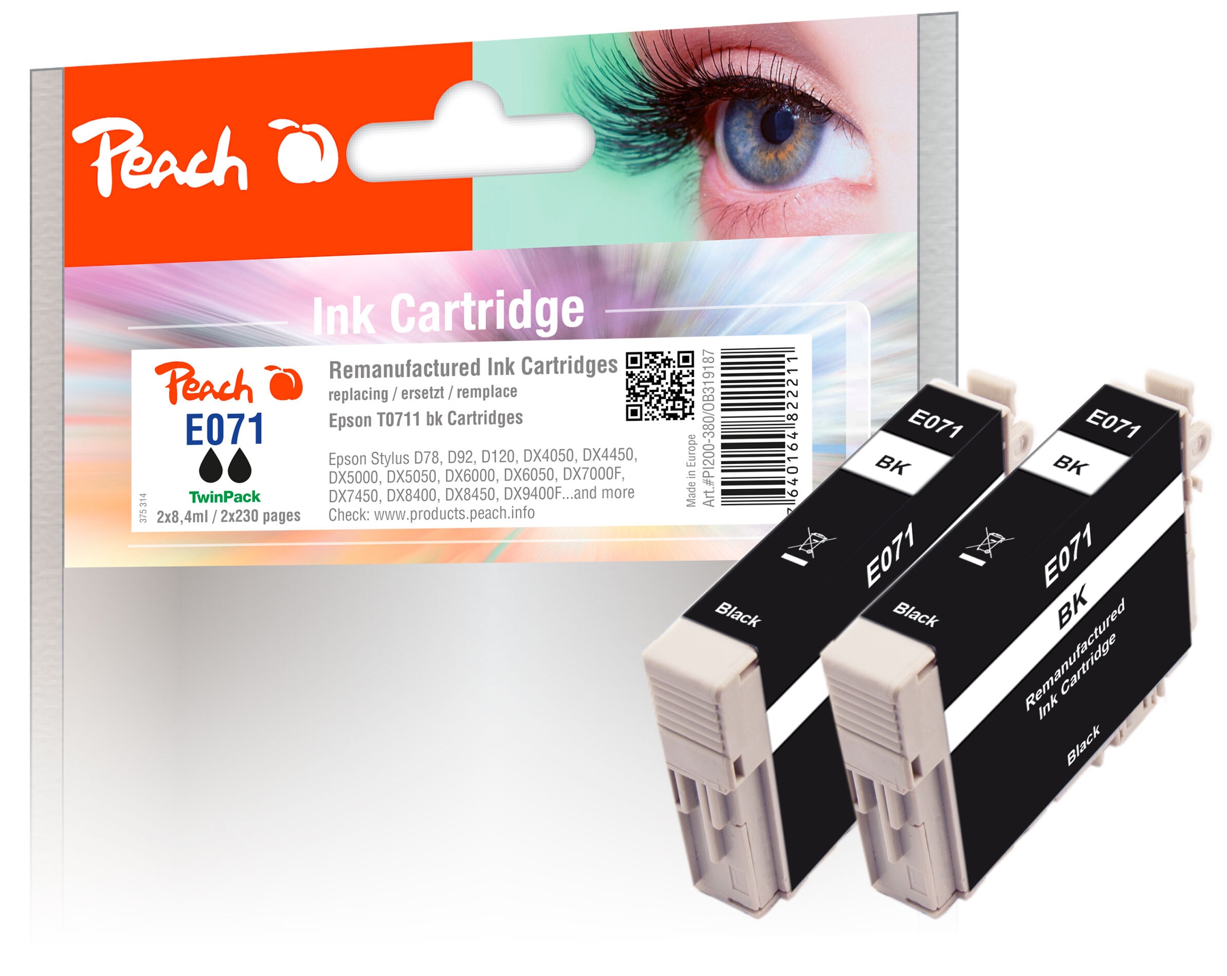 Peach E711 bk 2 Druckerpatronen XL 2*bk ersetzt Epson T0711 bk*2, C13T07114011 f&uuml;r z.B. Epson Stylus SX 510 W, Epson Stylus D 120, Epson Stylus D 78 (wiederaufbereitet) - Bild 1