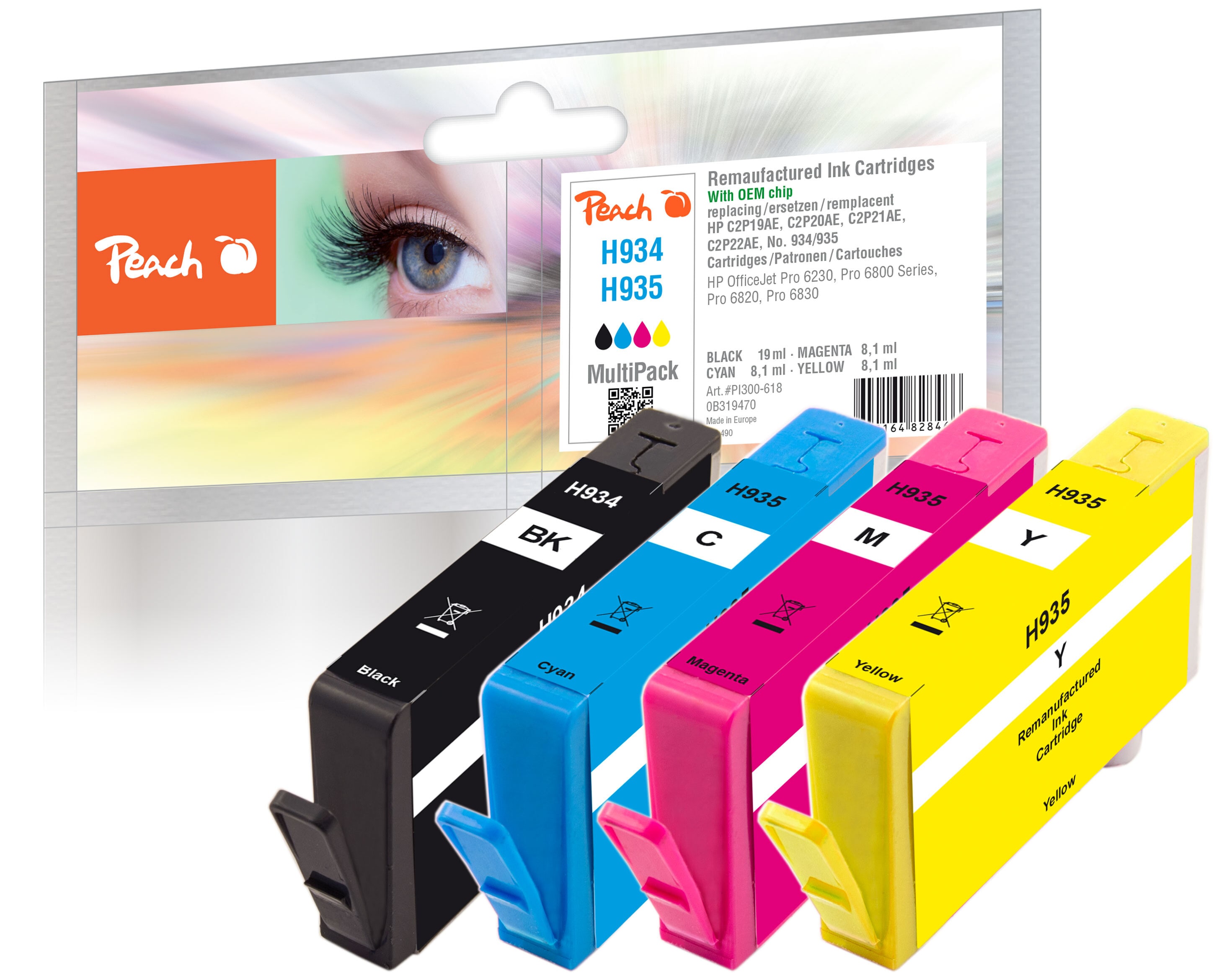 Peach HP 934  4 Druckerpatronen (bk, c/m/y) ersetzt HP No. 934, No. 935, C2P19A, C2P20A, C2P21A, C2P22A f&uuml;r z.B. HP OfficeJet Pro 6830 (wiederaufbereitet) - Bild 1