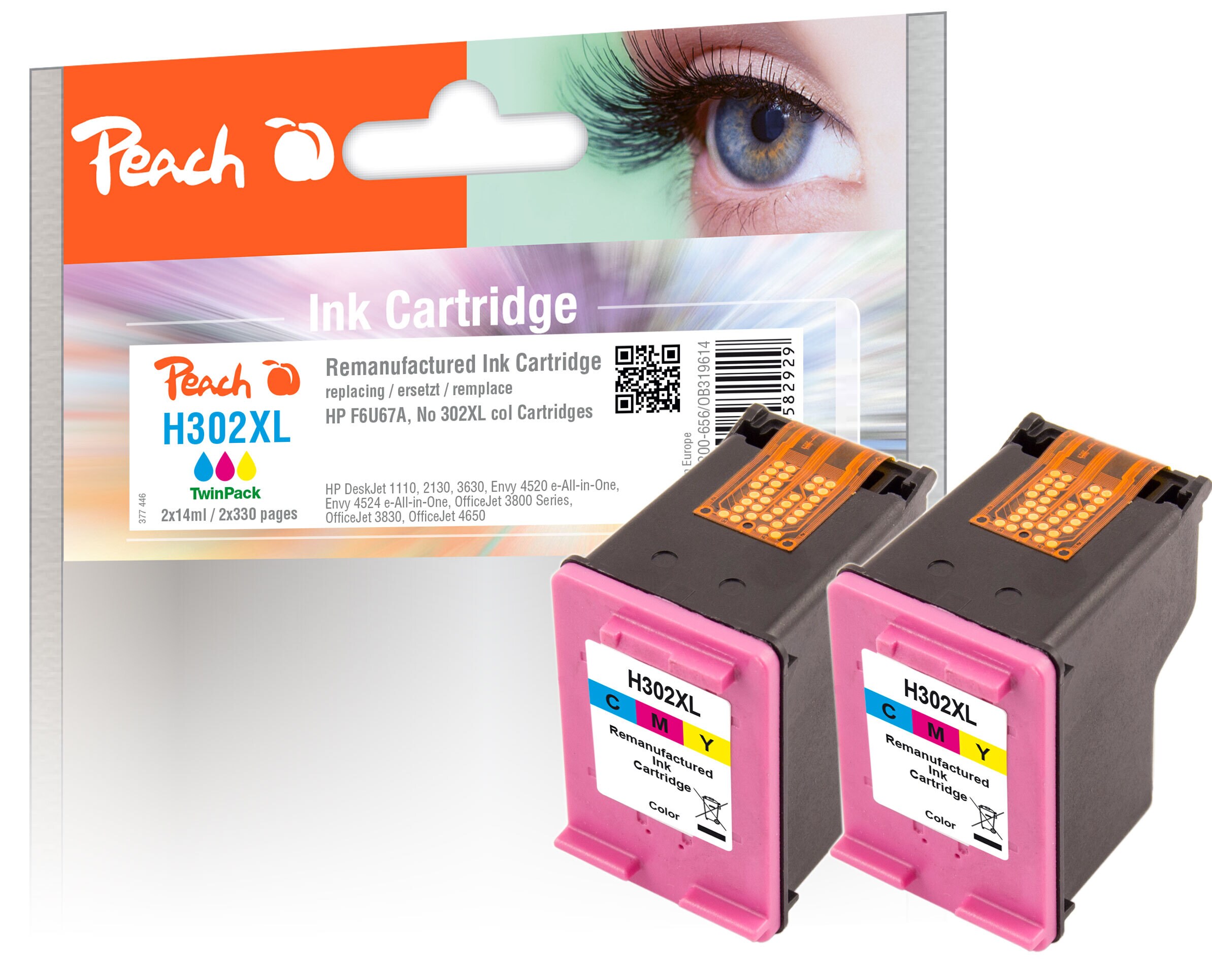 Peach HP 302 XLc 2 Druckk&ouml;pfe XL 2*col ersetzt HP No. 302XL c*2, F6U67AE*2 f&uuml;r z.B. HP OfficeJet 3831, HP OfficeJet 5232, HP OfficeJet 4650 (wiederaufbereitet) - Bild 1