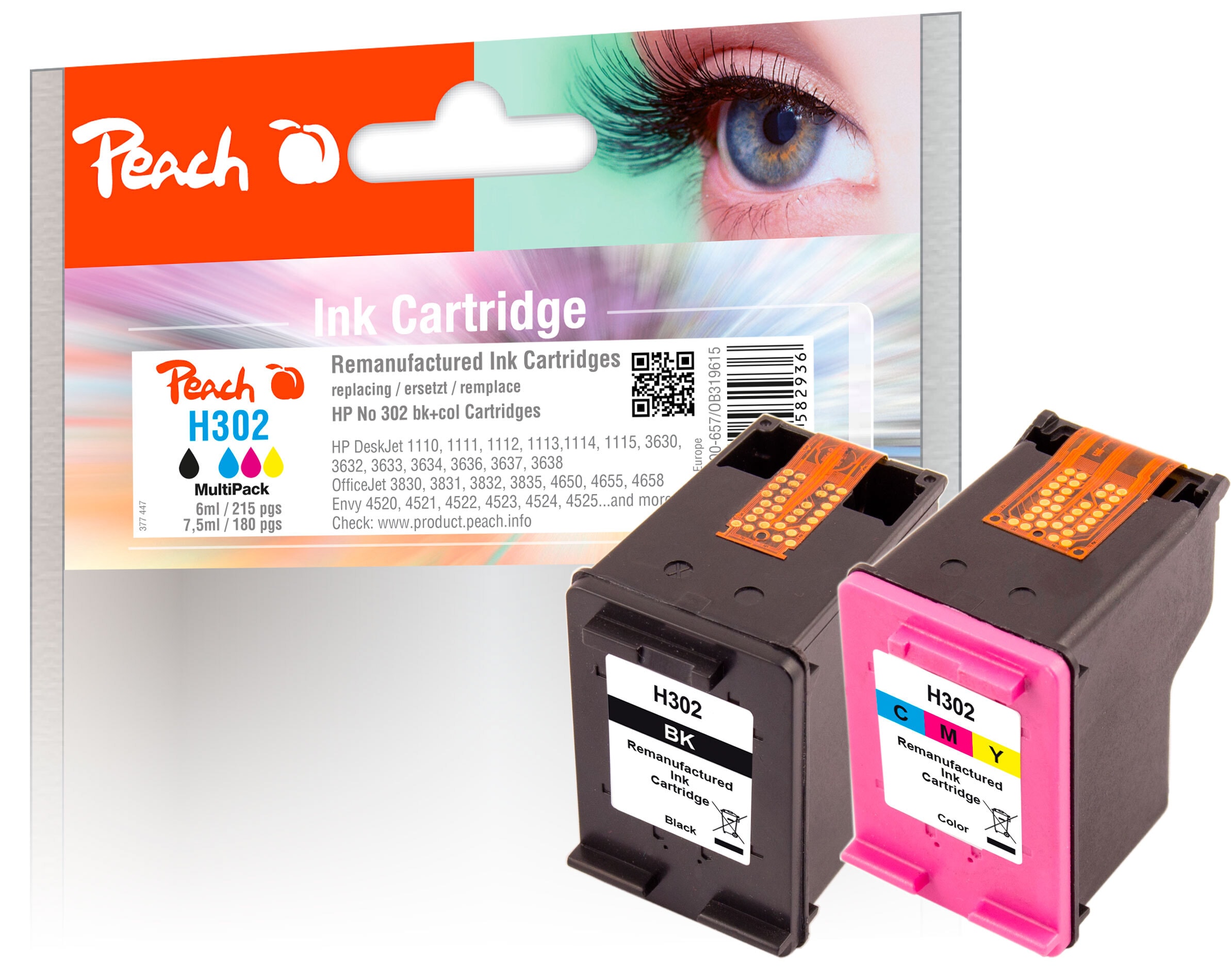 Peach HP 302  2 Druckk&ouml;pfe (bk, col) ersetzt HP No. 302, F6U66AE, F6U65AE f&uuml;r z.B. HP OfficeJet 3831, HP OfficeJet 5232, HP OfficeJet 4650 (wiederaufbereitet) - Bild 1