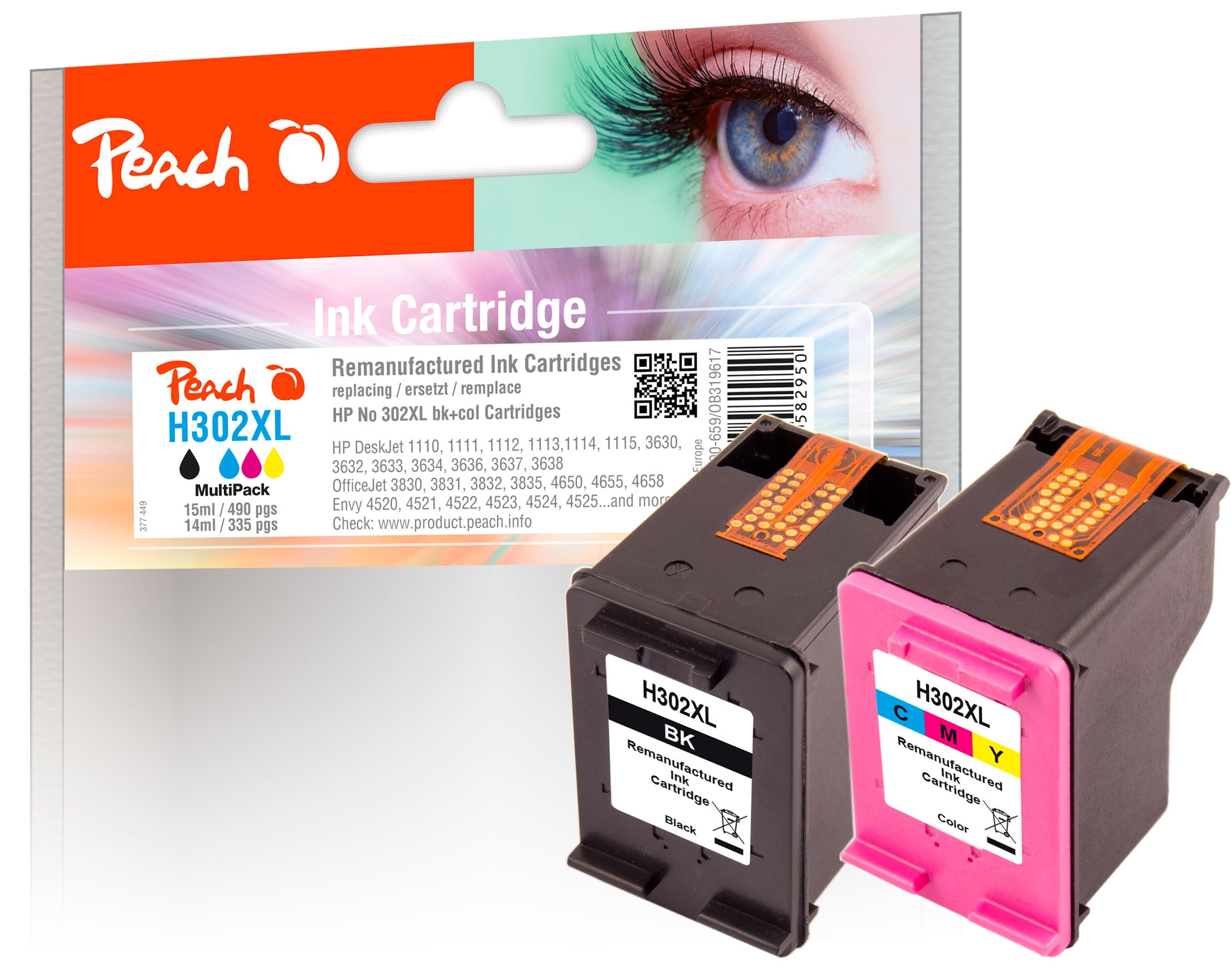 Peach HP 302 XL 2 Druckk&ouml;pfe XL (bk, col) ersetzt HP No. 302XL, F6U68AE, F6U67AE f&uuml;r z.B. HP OfficeJet 5232, HP OfficeJet 4650, HP OfficeJet 4656 (wiederaufbereitet) - Bild 1