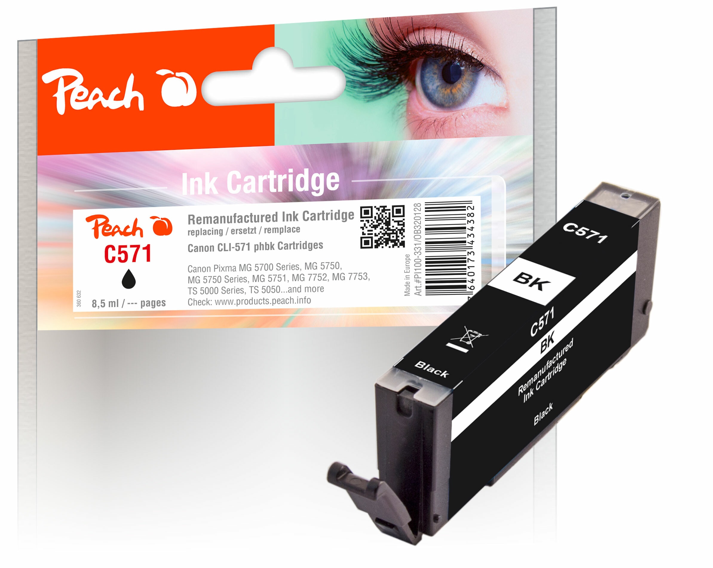 Peach C571 BK Druckerpatrone bkph ersetzt Canon CLI-571BK, 0385C001 f&uuml;r z.B. Canon Pixma TS 5050, Canon Pixma MG 5750, Canon Pixma TS 5051 (wiederaufbereitet) - Bild 1