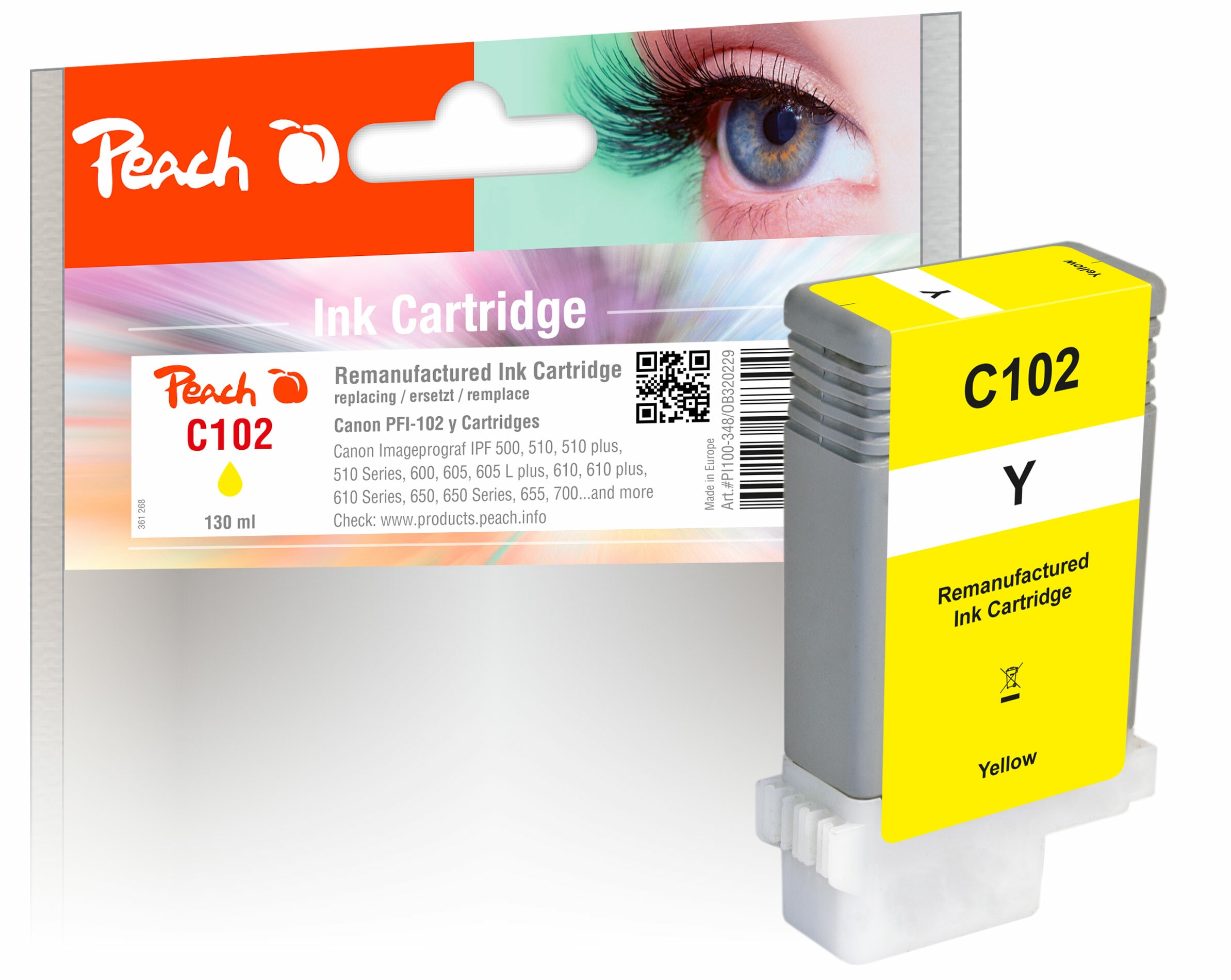 Peach C102 Y XL-Druckerpatrone ye ersetzt Canon PFI-102Y, 0898B001, 29952630 f&uuml;r z.B. Canon Imageprograf IPF 710, Canon Imageprograf IPF 500 (wiederaufbereitet) - Bild 1