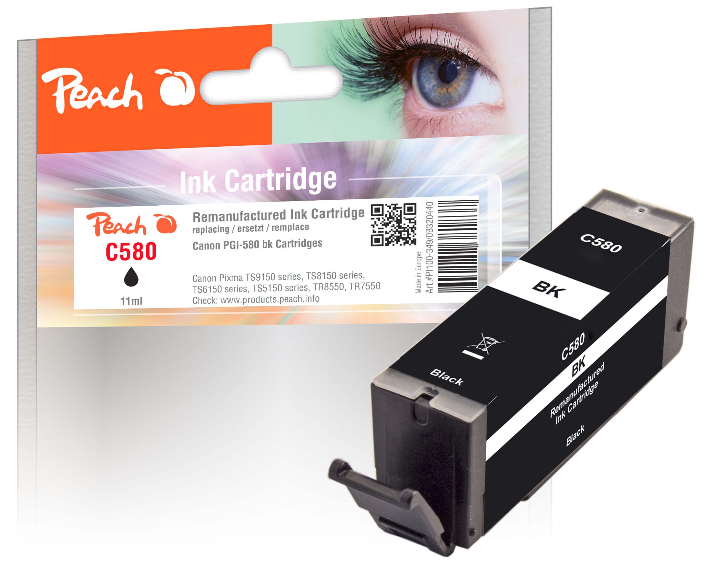Peach C580 PGBK Druckerpatrone bk ersetzt Canon PGI-580PGBK, 2078C001 f&uuml;r z.B. Canon Pixma TS 8350, Canon Pixma TS 8350 a, Canon Pixma TR 8550 (wiederaufbereitet) - Bild 1