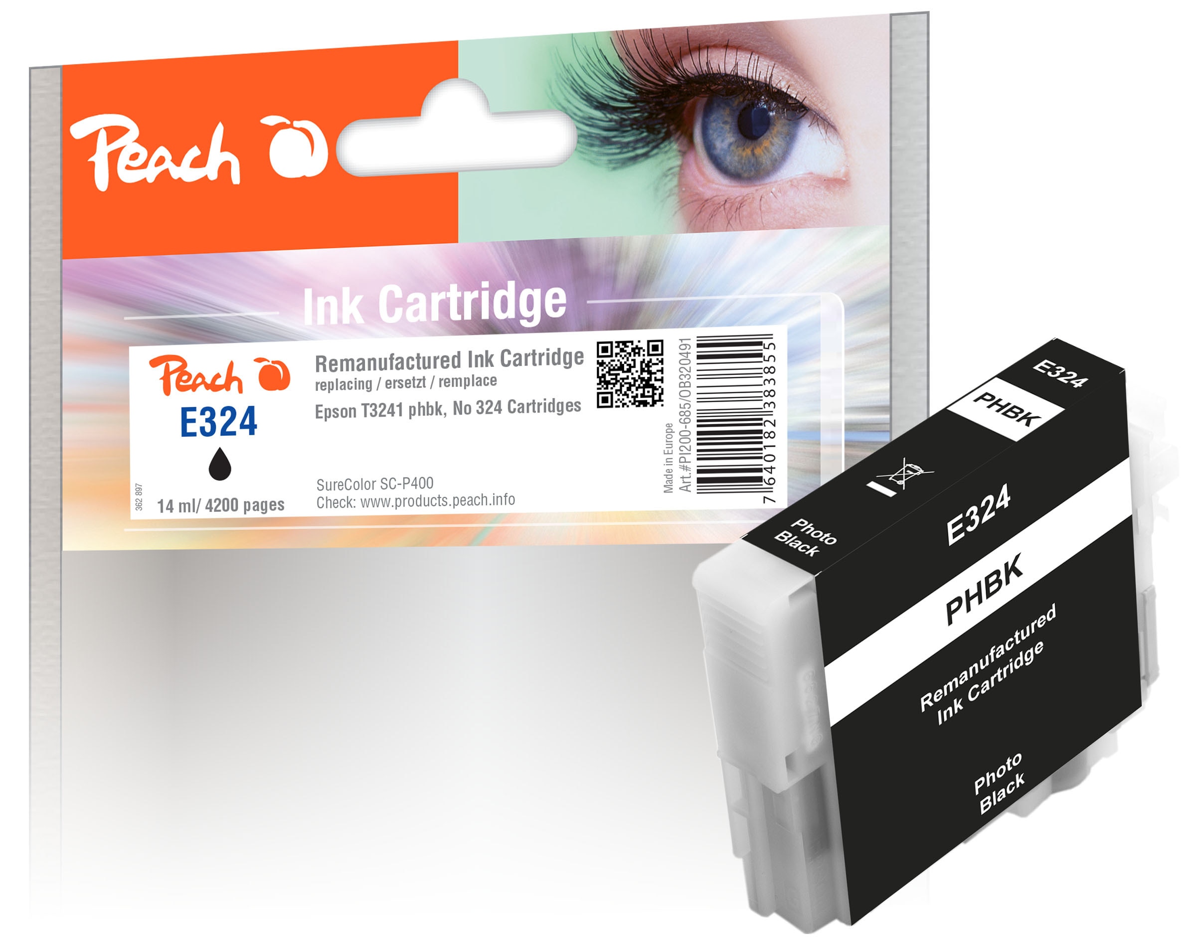 Peach E324  Druckerpatrone bkph ersetzt Epson T3241PBK, C13T32414010 f&uuml;r z.B. Epson SureColor SCP 400 (wiederaufbereitet) - Bild 1