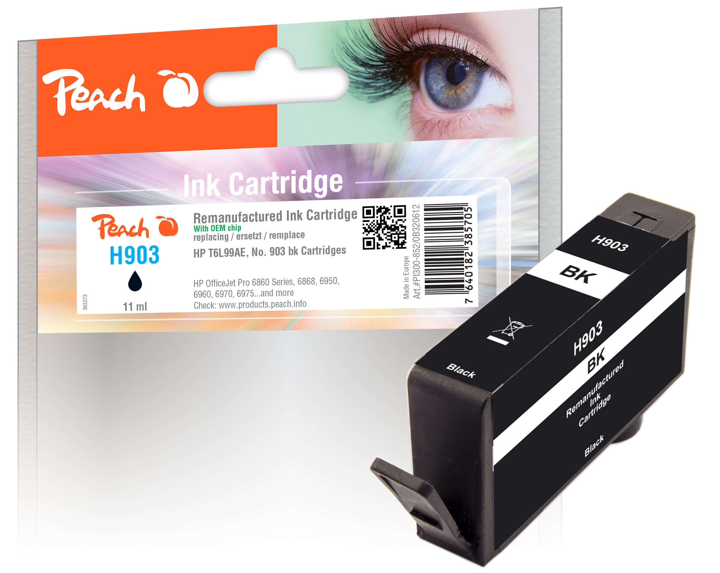Peach HP 903 bk Druckerpatrone bk ersetzt HP No. 903 bk, T6L99AE f&uuml;r z.B. HP OfficeJet Pro 6970, HP OfficeJet Pro 6960, HP OfficeJet 6950 (wiederaufbereitet) - Bild 1