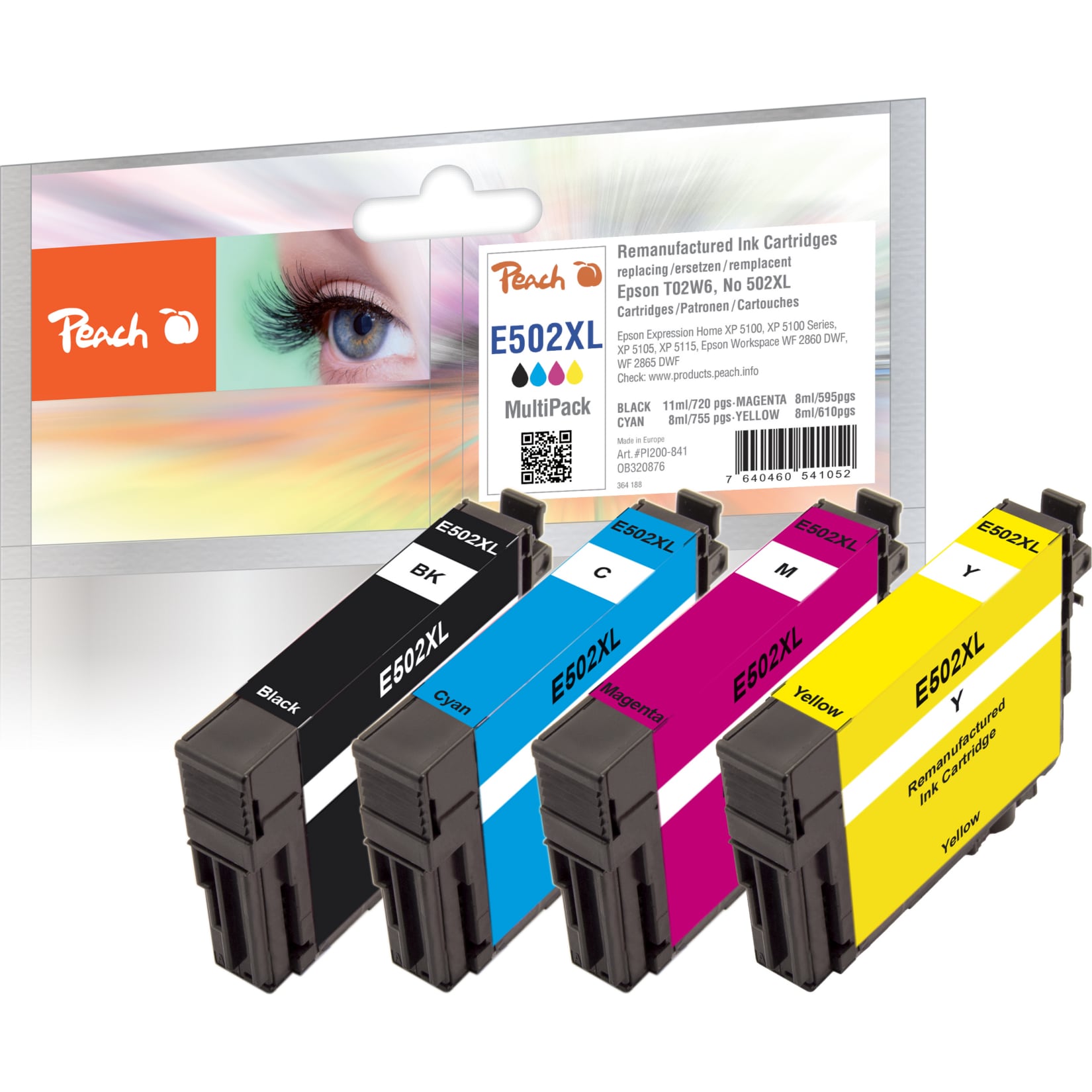 Peach E502 XL 4 Druckerpatronen XL (bk, c/m/y) ersetzt Epson No. 502XL, C13T02W64010 f&uuml;r z.B. Epson Expression Home XP -5100 (wiederaufbereitet) - Bild 1