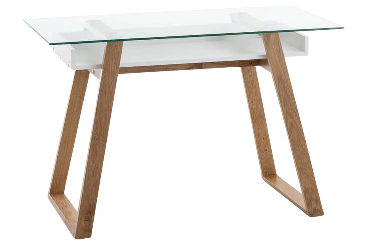 CLP Schreibtisch RYAN mit robustem Eichenholzgestell I Arbeitstisch mit Glastischplatte und einem Ablagefach 