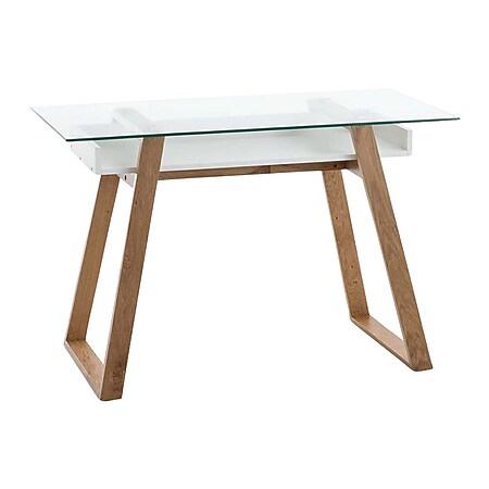 CLP Schreibtisch RYAN mit robustem Eichenholzgestell I Arbeitstisch mit Glastischplatte und einem Ablagefach 