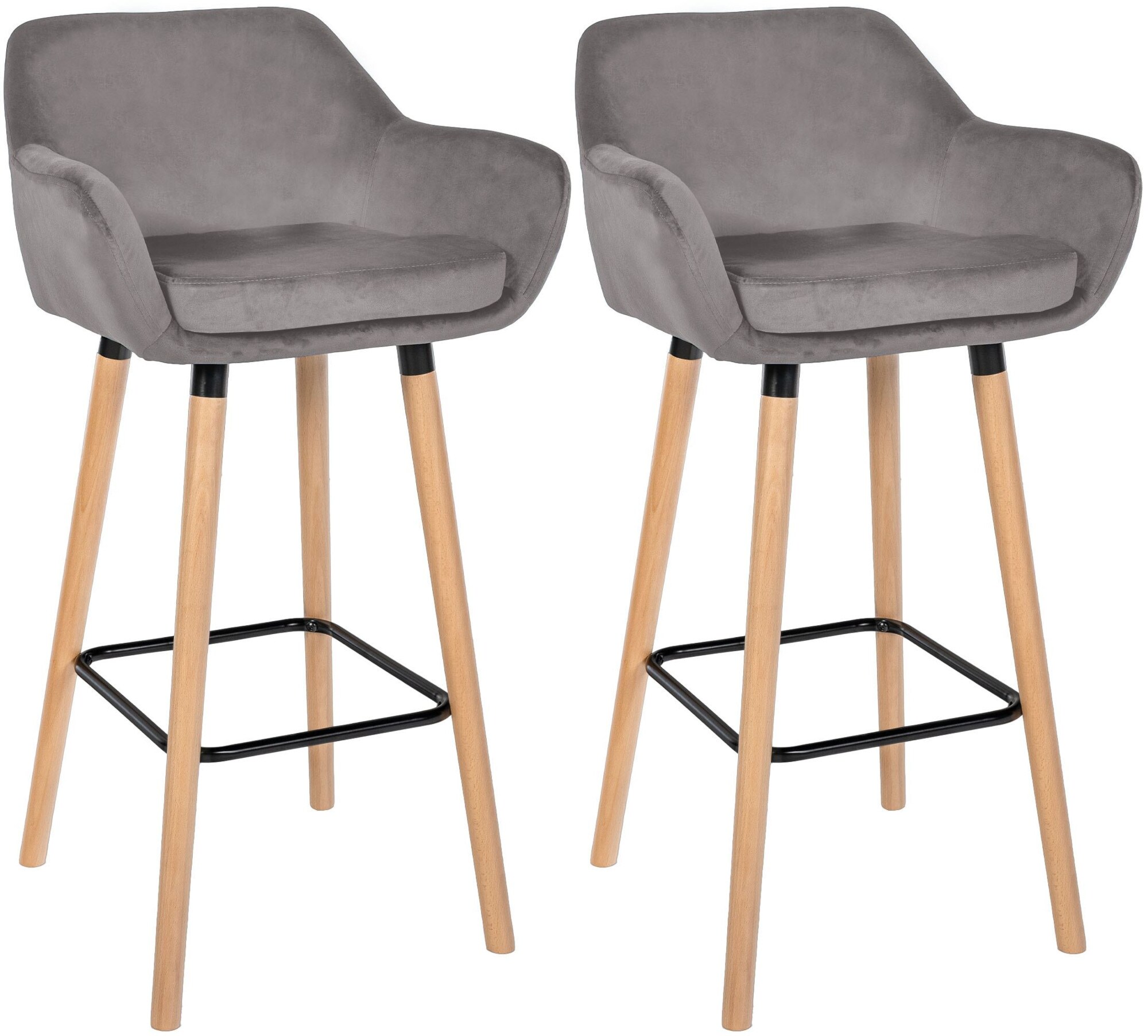 CLP Barhocker 2er Set gepolstert mit Lehne Grant, Barstuhl mit Samtbezug, Gestell aus Holz bis 150 kg belastbar 