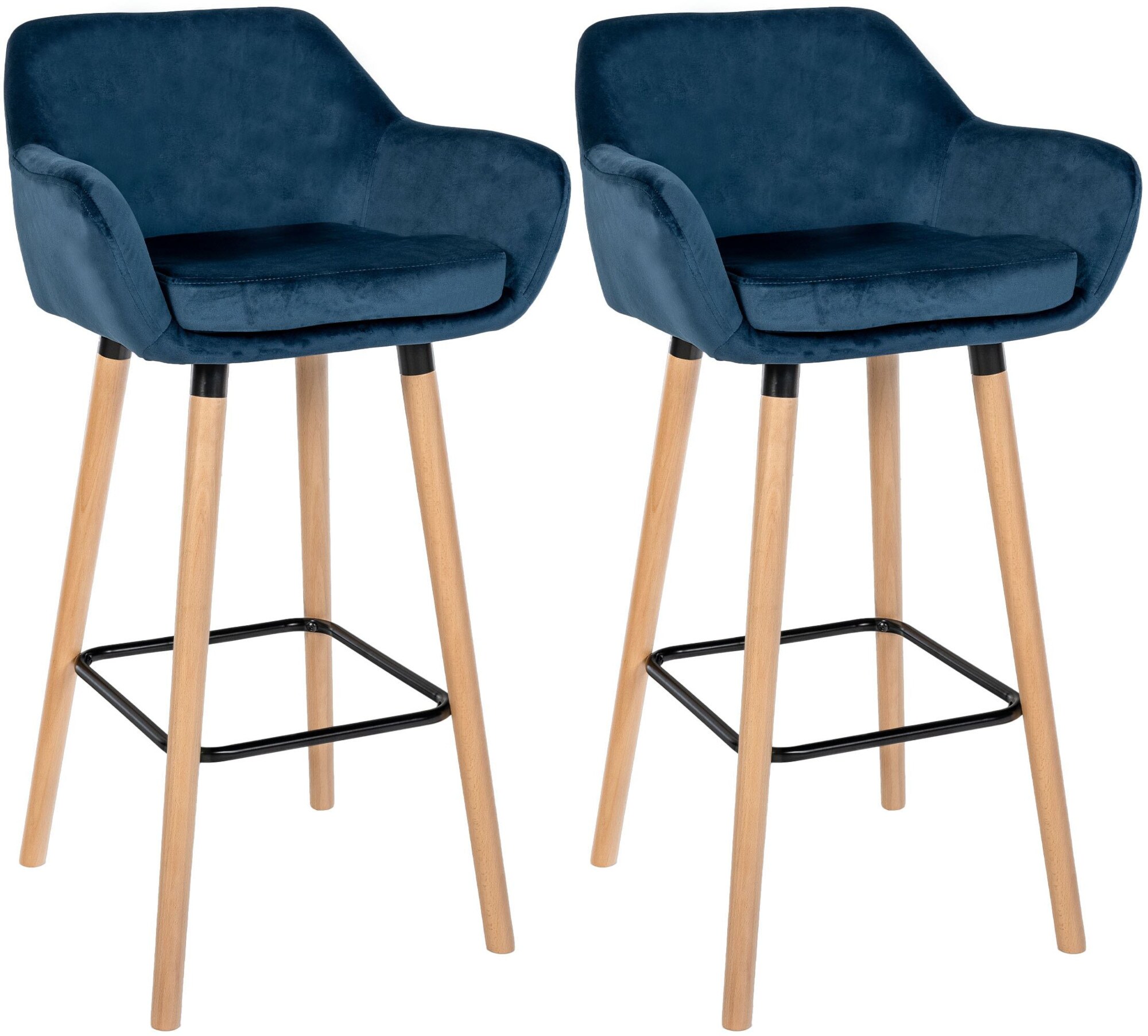 CLP Barhocker 2er Set gepolstert mit Lehne Grant, Barstuhl mit Samtbezug, Gestell aus Holz bis 150 kg belastbar 