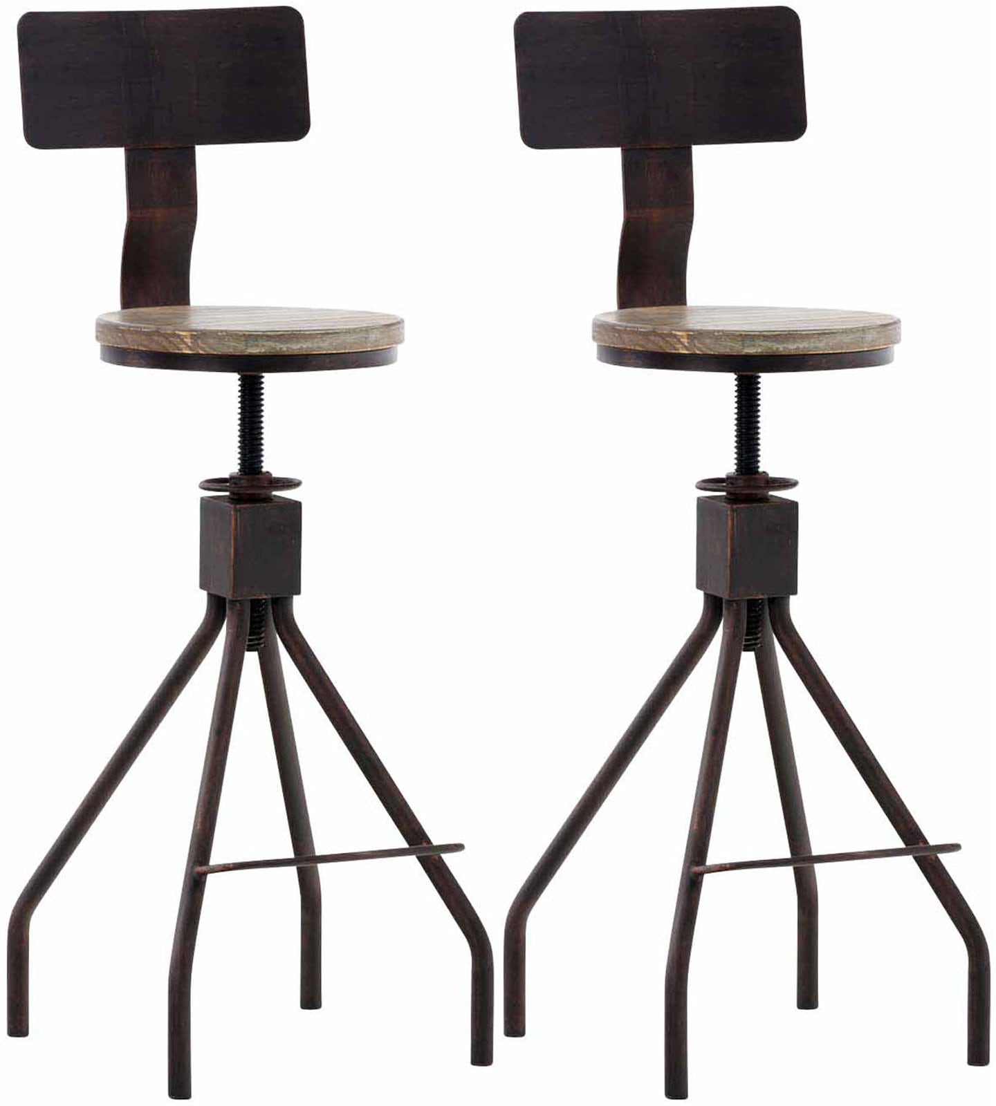CLP 2er Set Barhocker Elko Im Industrial-Look I H&ouml;henverstellbarer Thekenhocker Mit Holzsitz Und R&uuml;ckenlehne I Metallhocker Mit Fu&szlig;st&uuml;tze 