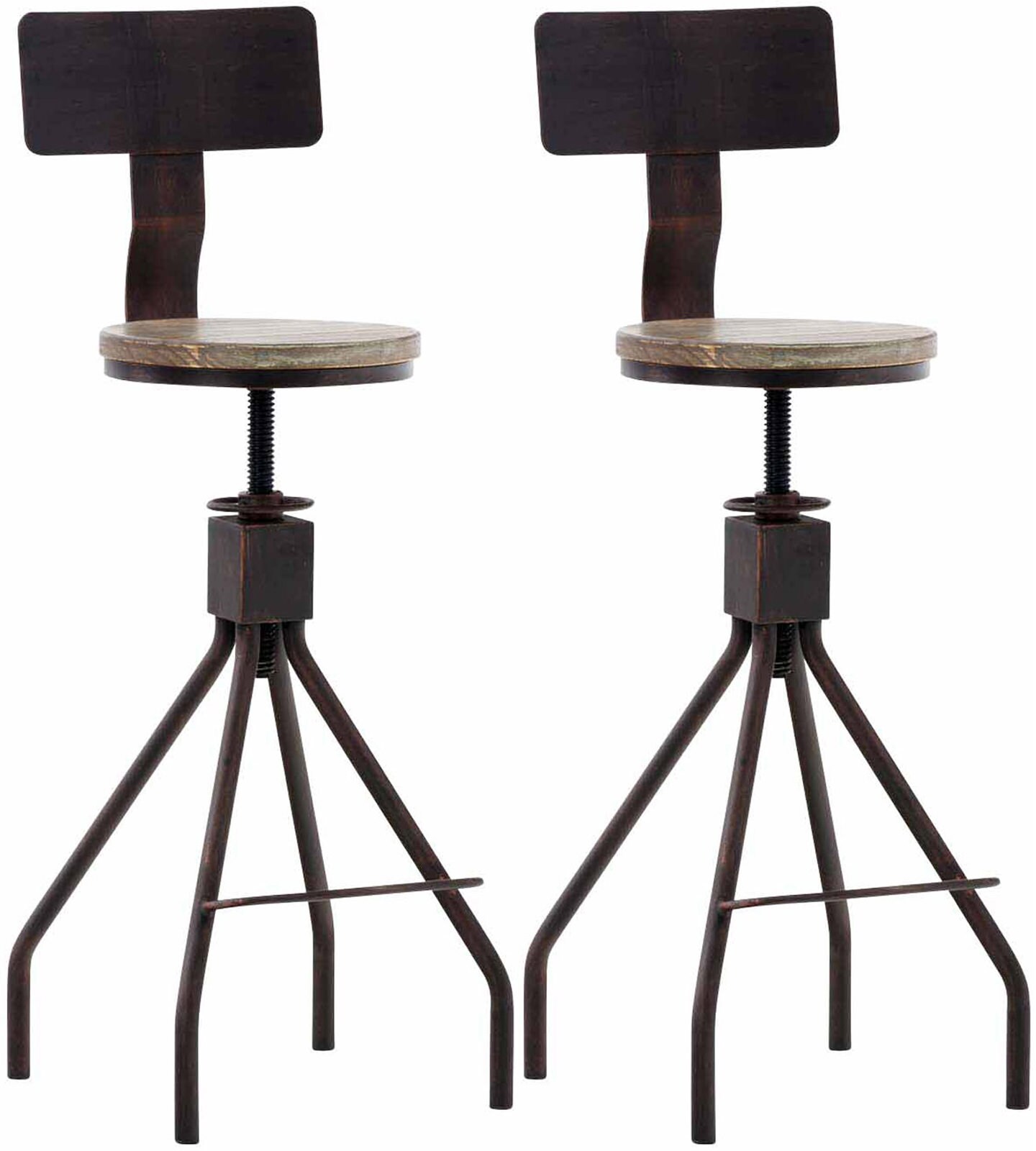 CLP 2er Set Barhocker Elko Im Industrial-Look I Höhenverstellbarer Thekenhocker Mit Holzsitz Und Rückenlehne I Metallhocker Mit Fußstütze