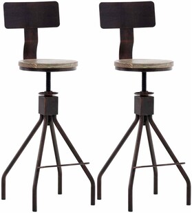CLP 2er Set Barhocker Elko Im Industrial-Look I Höhenverstellbarer Thekenhocker Mit Holzsitz Und Rückenlehne I Metallhocker Mit Fußstütze 