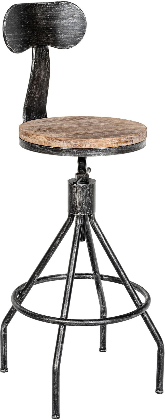 CLP Barhocker Hanam im Industrial-Look I Höhenverstellbarer Barhocker mit Holzsitz und Rückenlehne I Metallhocker mit Fußablage