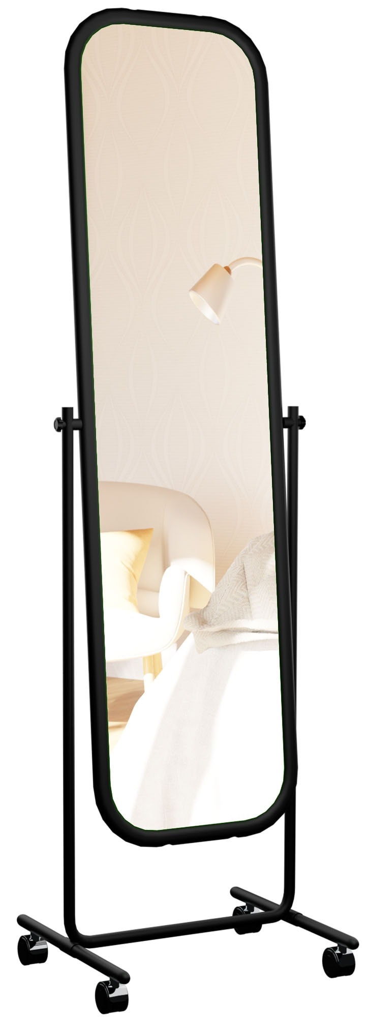CLP Standspiegel Medusa mit Laufrollen I Ganzk&ouml;rperspiegel mit Metallrahmen I Stehspiegel neigbar und 360 Grad drehbar 