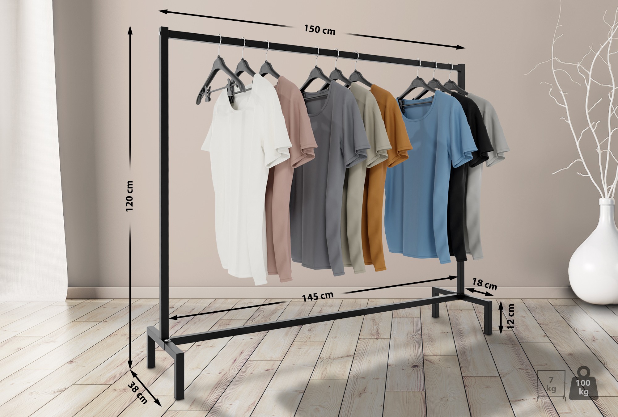 CLP Kleiderst&auml;nder Melva I Garderobenstange Aus Metall I Freistehende Kleiderstange Schwarz 