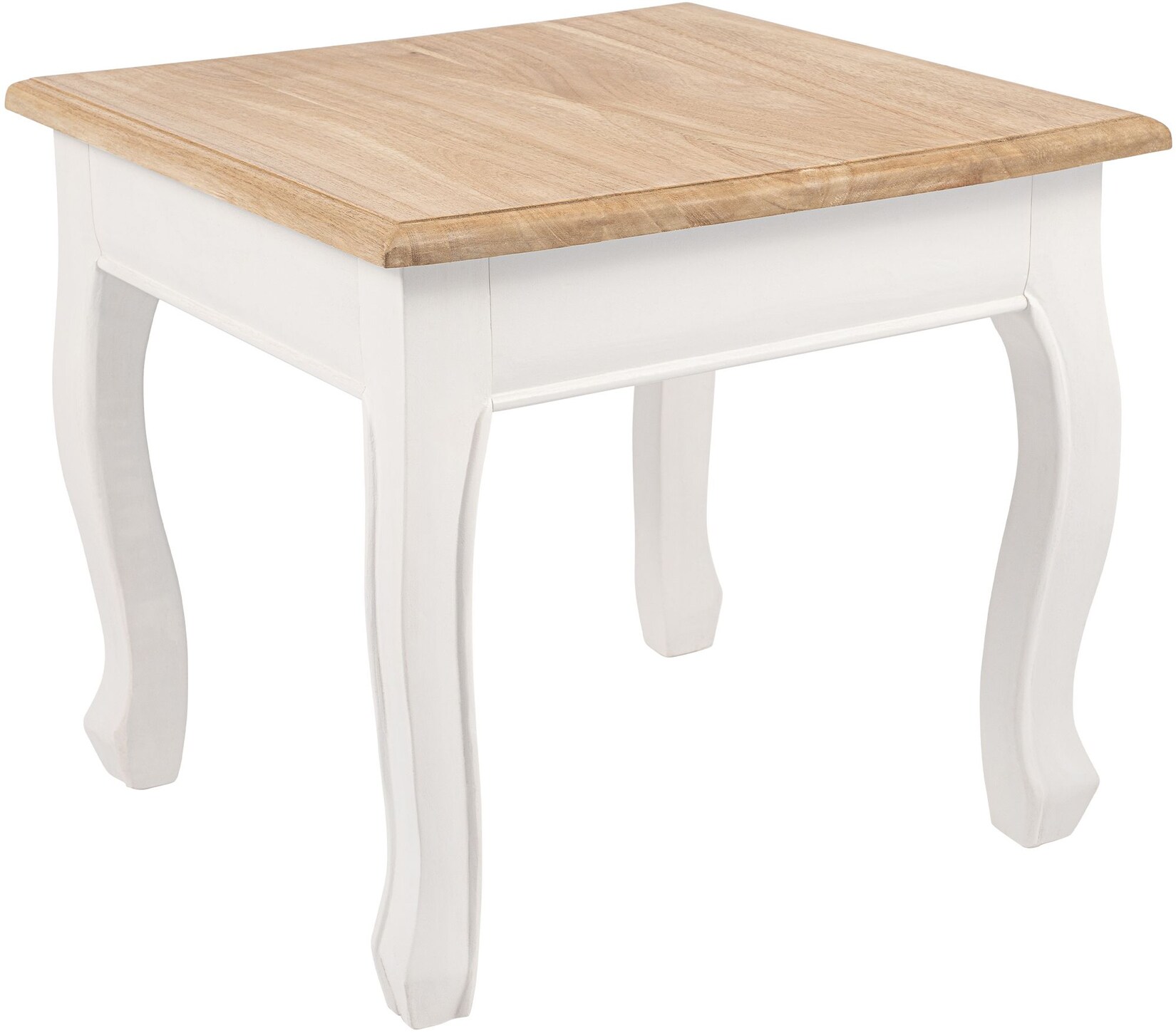 CLP Beistelltisch Holz quadratisch 50x50cm Alma, Couchtisch mit Mindiholz-Platte und geschwungenen Shabby Chic Beinen, Sofatisch im …