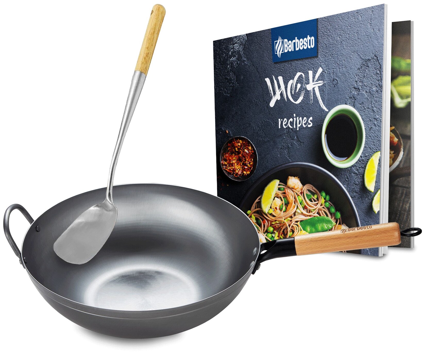 Wok-Set aus Karbonstahl I Flacher oder runder Boden für Gas, Induktion und Grill I Wokpfanne mit Holzgriff, Rezeptbuch & Wokwender