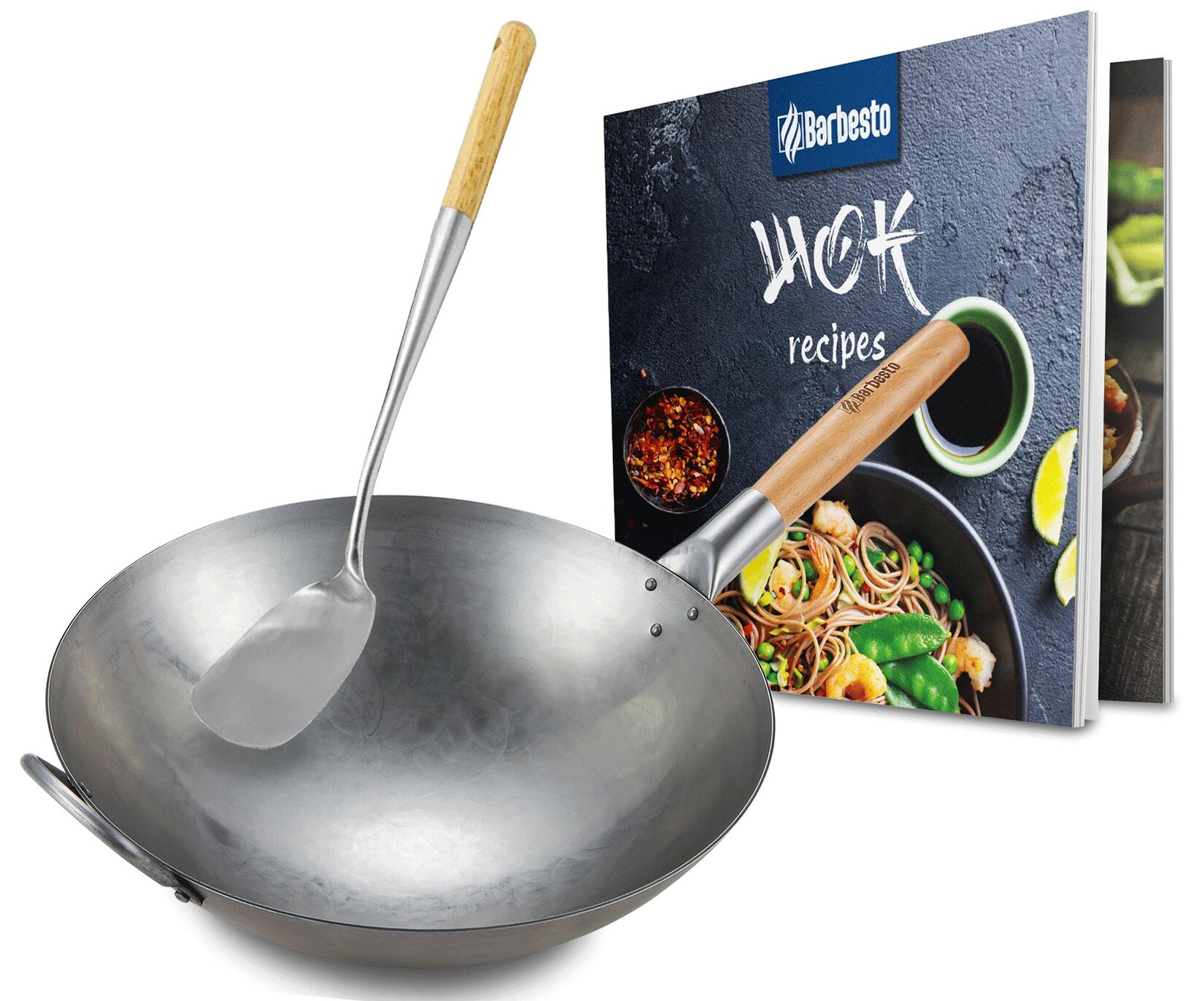 Wok-Set aus Karbonstahl I Flacher oder runder Boden für Gas, Induktion und Grill I Wokpfanne mit Holzgriff, Rezeptbuch & Wokwender