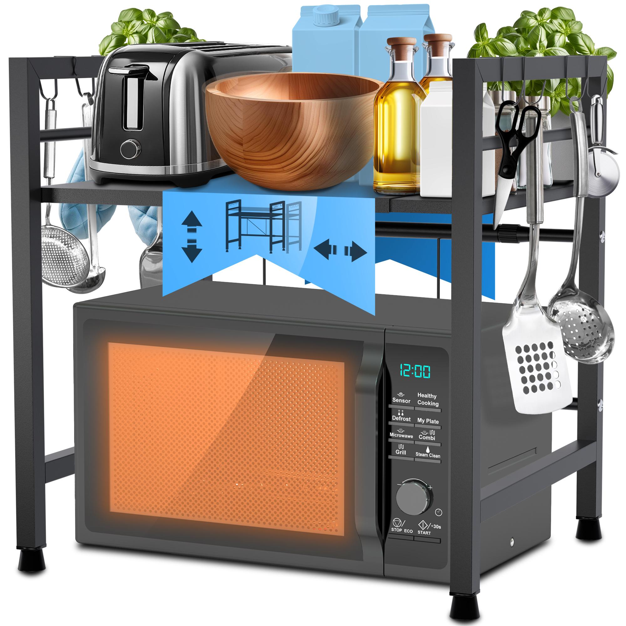 CLP Mikrowellenregal Marana stehend stufig I Variabel in Breite I Ideal f&uuml;r die Arbeitsplatte in der K&uuml;che I Mit 8 Haken und Ausziehbar 