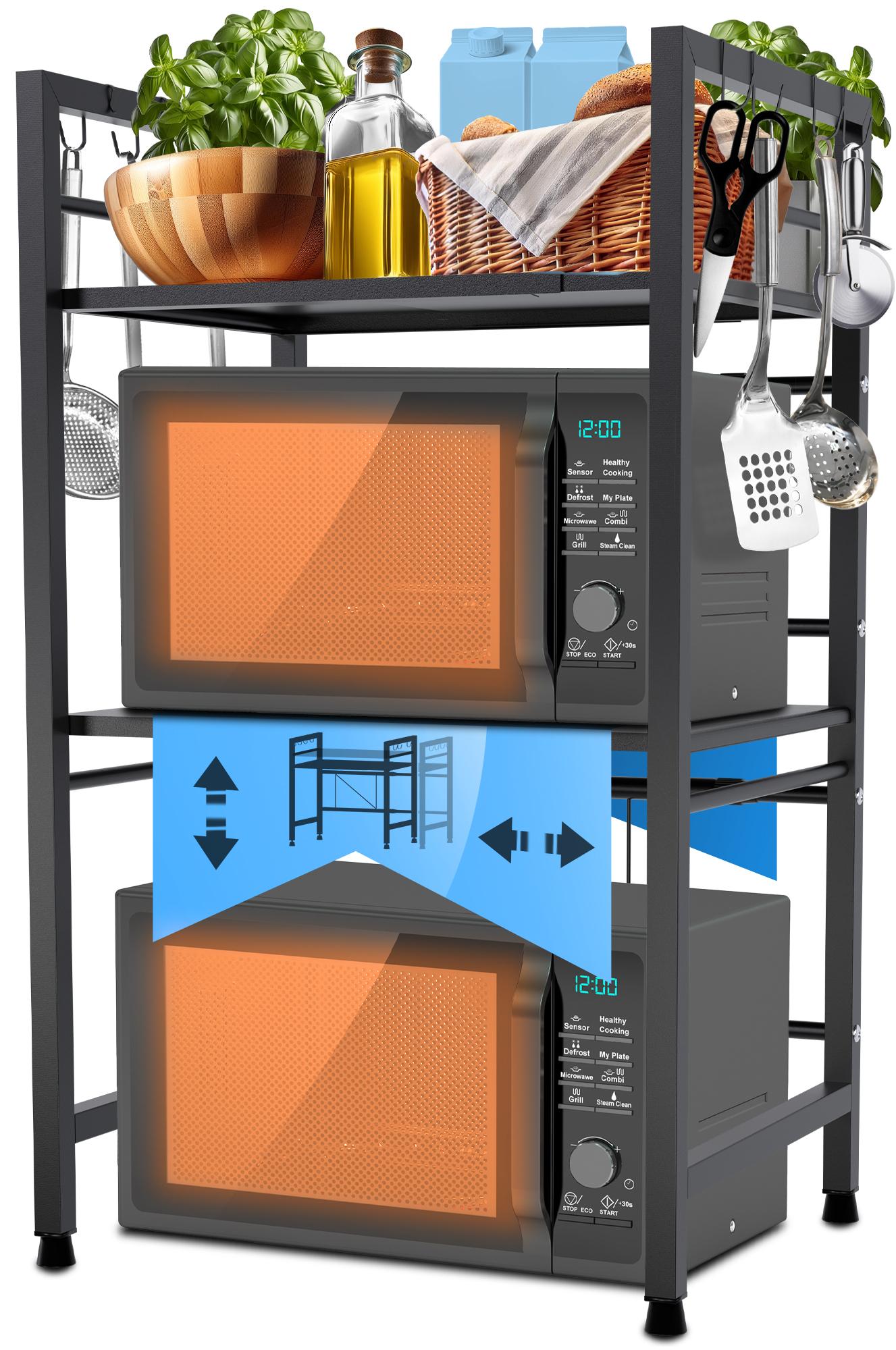 CLP Mikrowellenregal Marana stehend stufig I Variabel in Breite I Ideal f&uuml;r die Arbeitsplatte in der K&uuml;che I Mit 8 Haken und Ausziehbar 