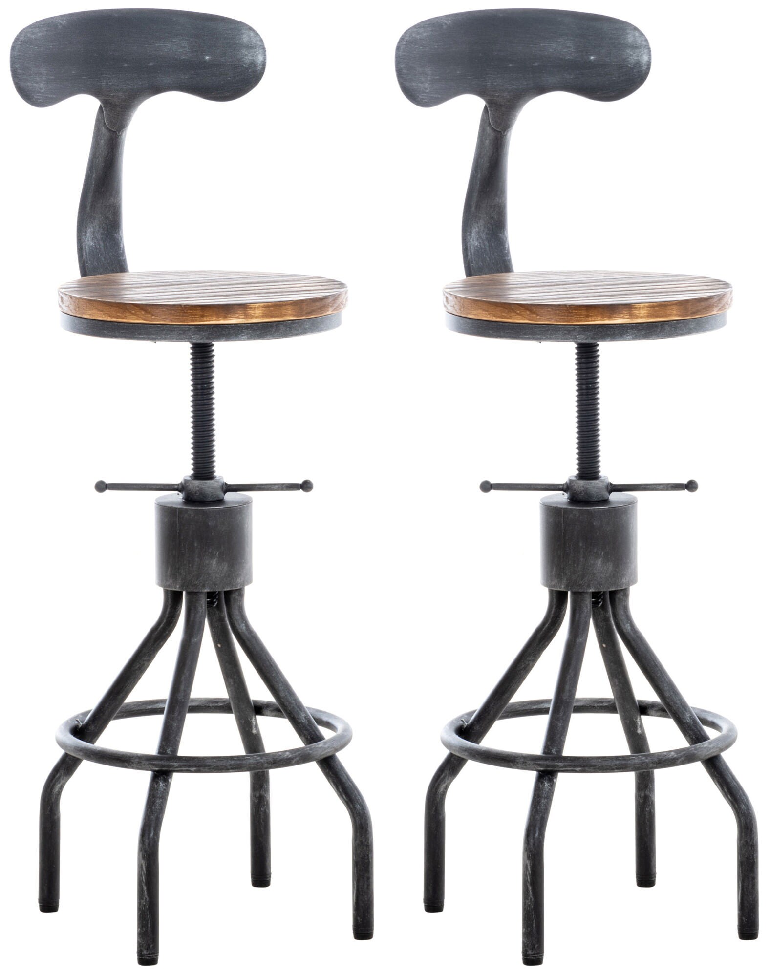 CLP 2er Set Barhocker Hanam Im Industrial-Design I H&ouml;henverstellbarer Metall Barstuhl Mit Holzsitz Und R&uuml;ckenlehne 