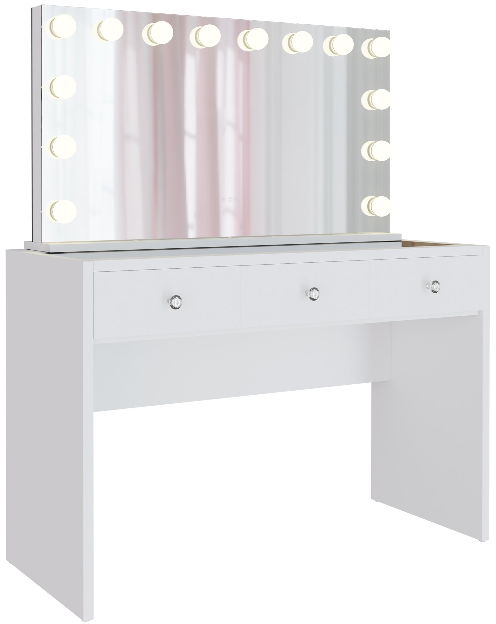 CLP Schminktisch Nettie mit Hollywood-Spiegel | Kosmetiktisch mit LED-Beleuchtung | Drei Schubladen, Glasplatte und USB-Anschl&uuml;ssen 