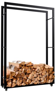 CLP Kaminholzständer Keri mit Rollen I Kaminholzregal aus schwarzem Metall I Aufbewahrung für Brennholz 
