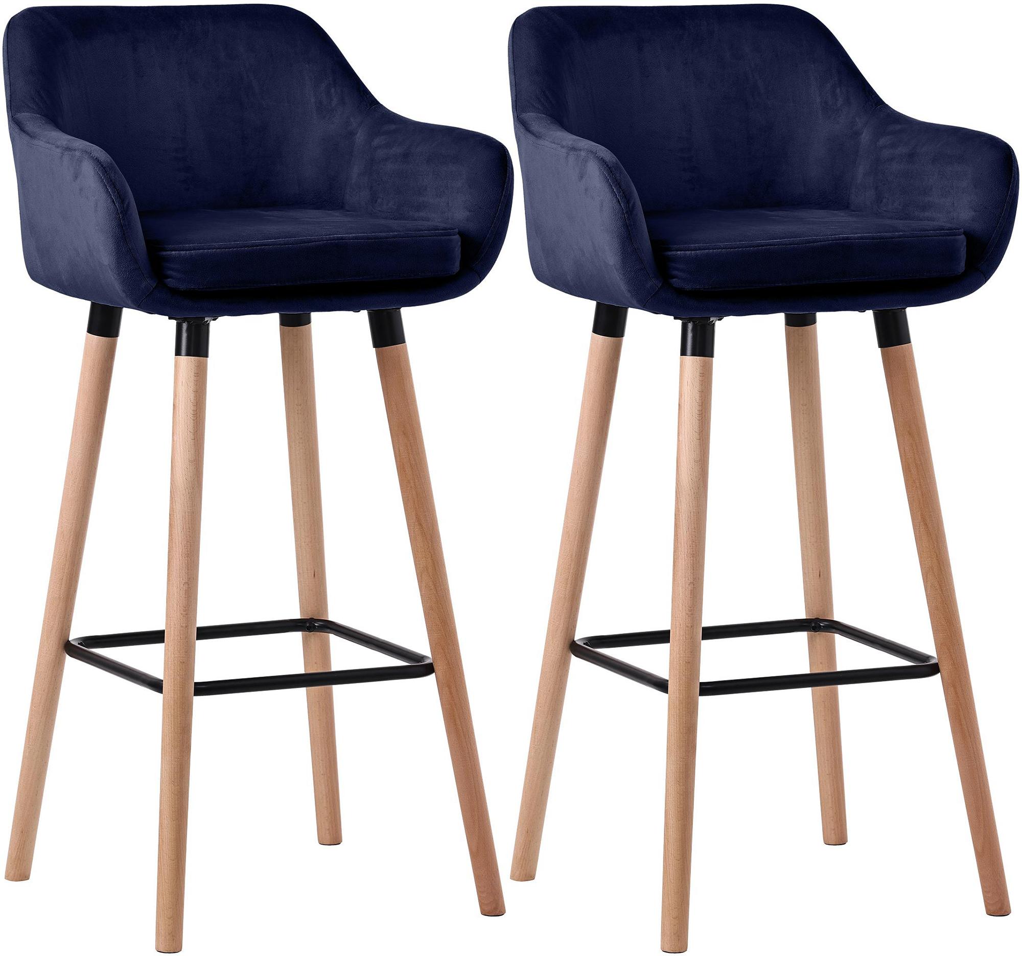 CLP Barhocker 2er Set gepolstert mit Lehne Grant, Barstuhl mit Samtbezug, Gestell aus Holz bis 150 kg belastbar 