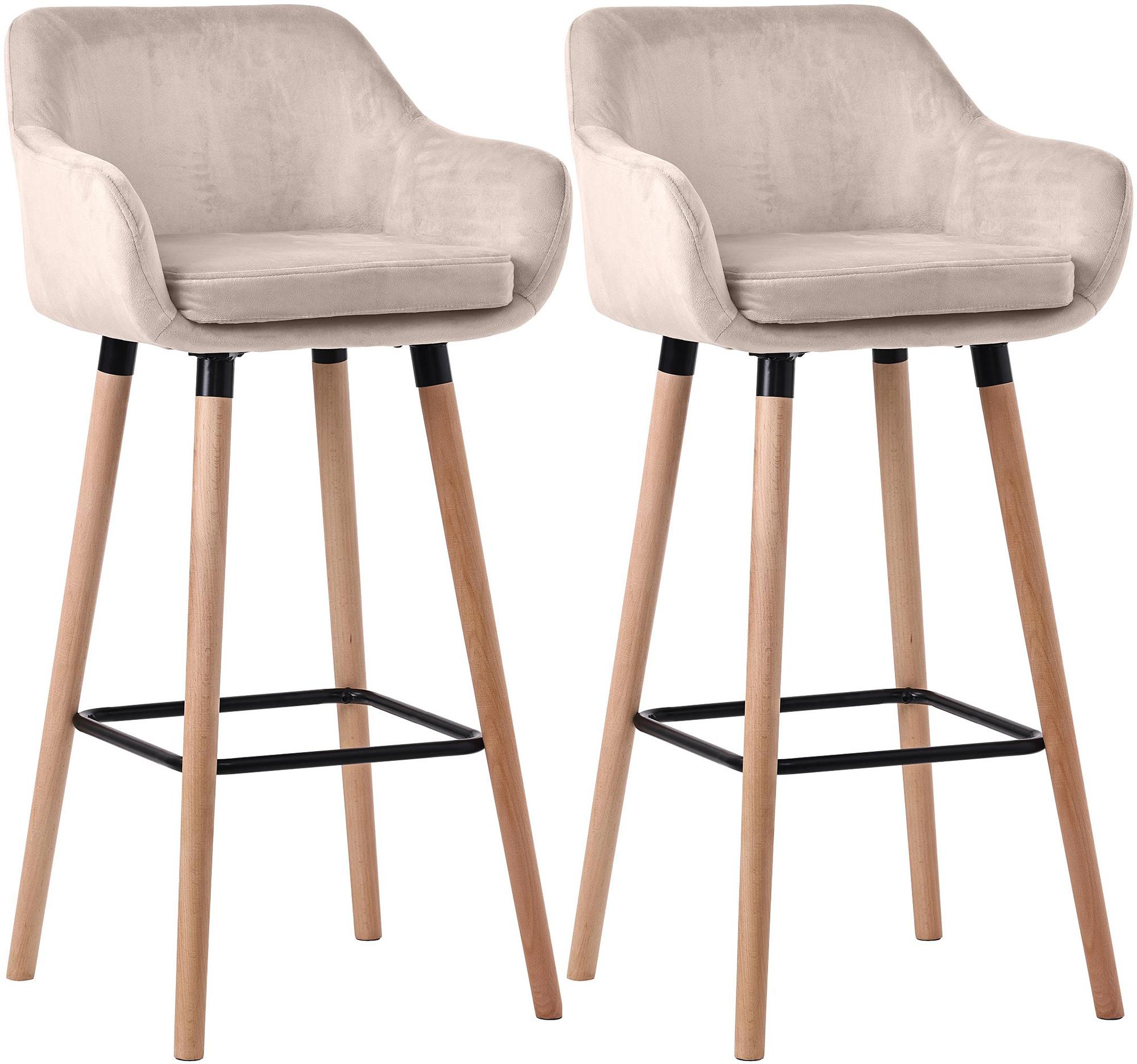 CLP Barhocker 2er Set gepolstert mit Lehne Grant, Barstuhl mit Samtbezug, Gestell aus Holz bis 150 kg belastbar 