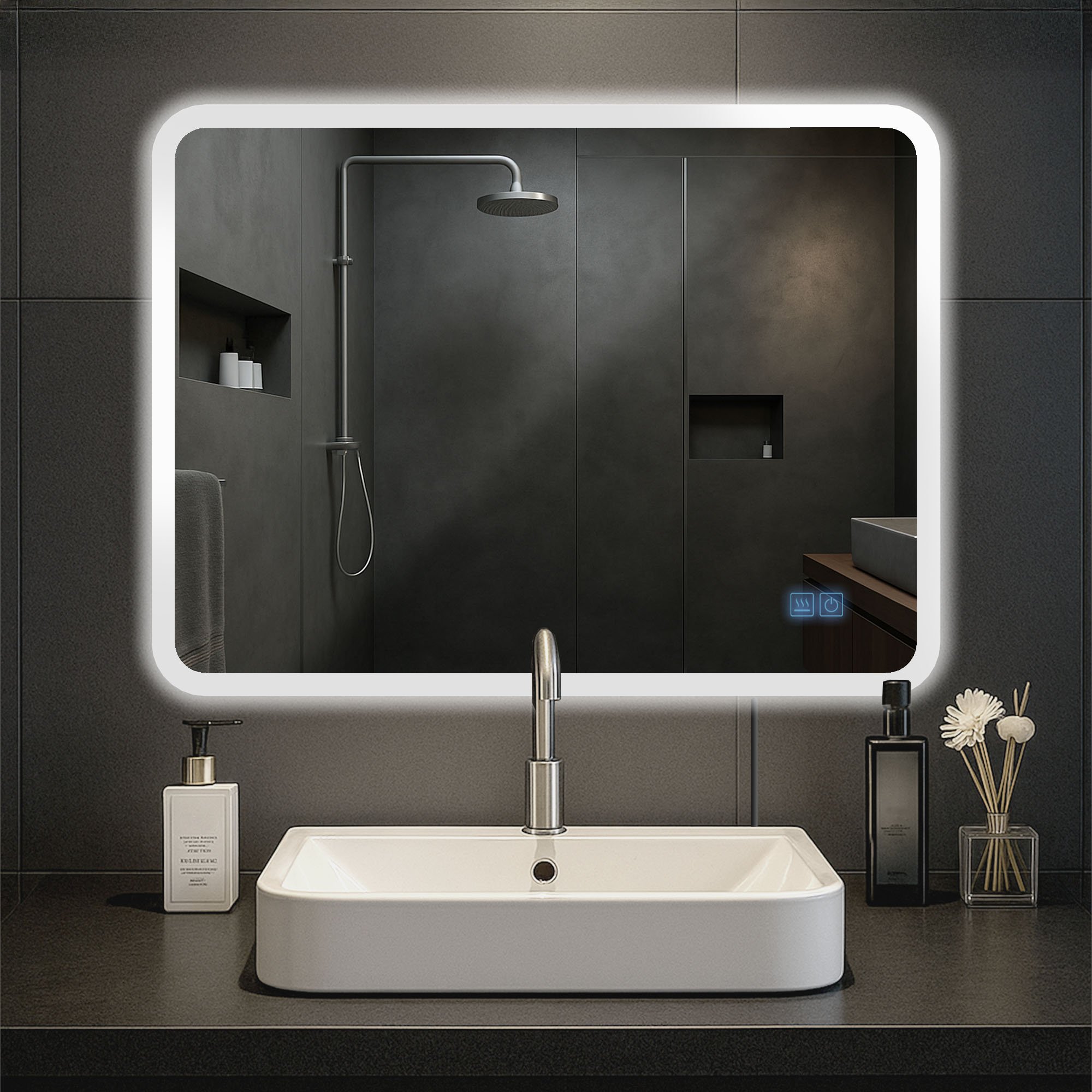 CLP Badspiegel Jericho mit Beleuchtung, Bluetooth-Lautsprecher, Anti-Beschlag Badezimmerspiegel, Wandspiegel LED dimmbar, 3 Licht-Modi 