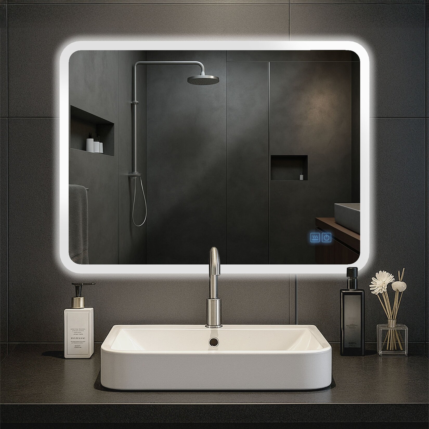 CLP Badspiegel Jericho mit Beleuchtung, Bluetooth-Lautsprecher, Anti-Beschlag Badezimmerspiegel, Wandspiegel LED dimmbar, 3 Licht-Modi