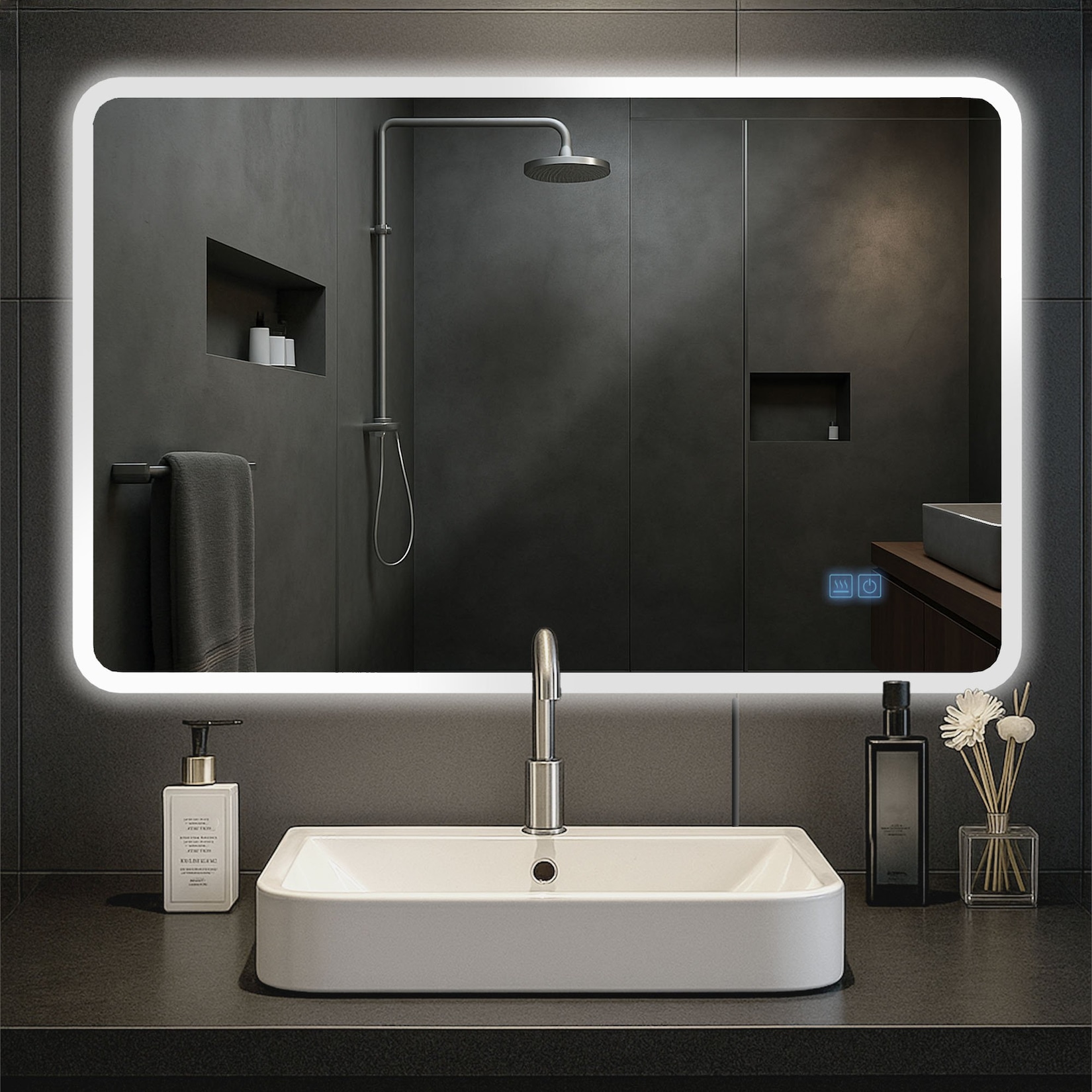 CLP Badspiegel Jericho mit Beleuchtung, Bluetooth-Lautsprecher, Anti-Beschlag Badezimmerspiegel, Wandspiegel LED dimmbar, 3 Licht-Modi