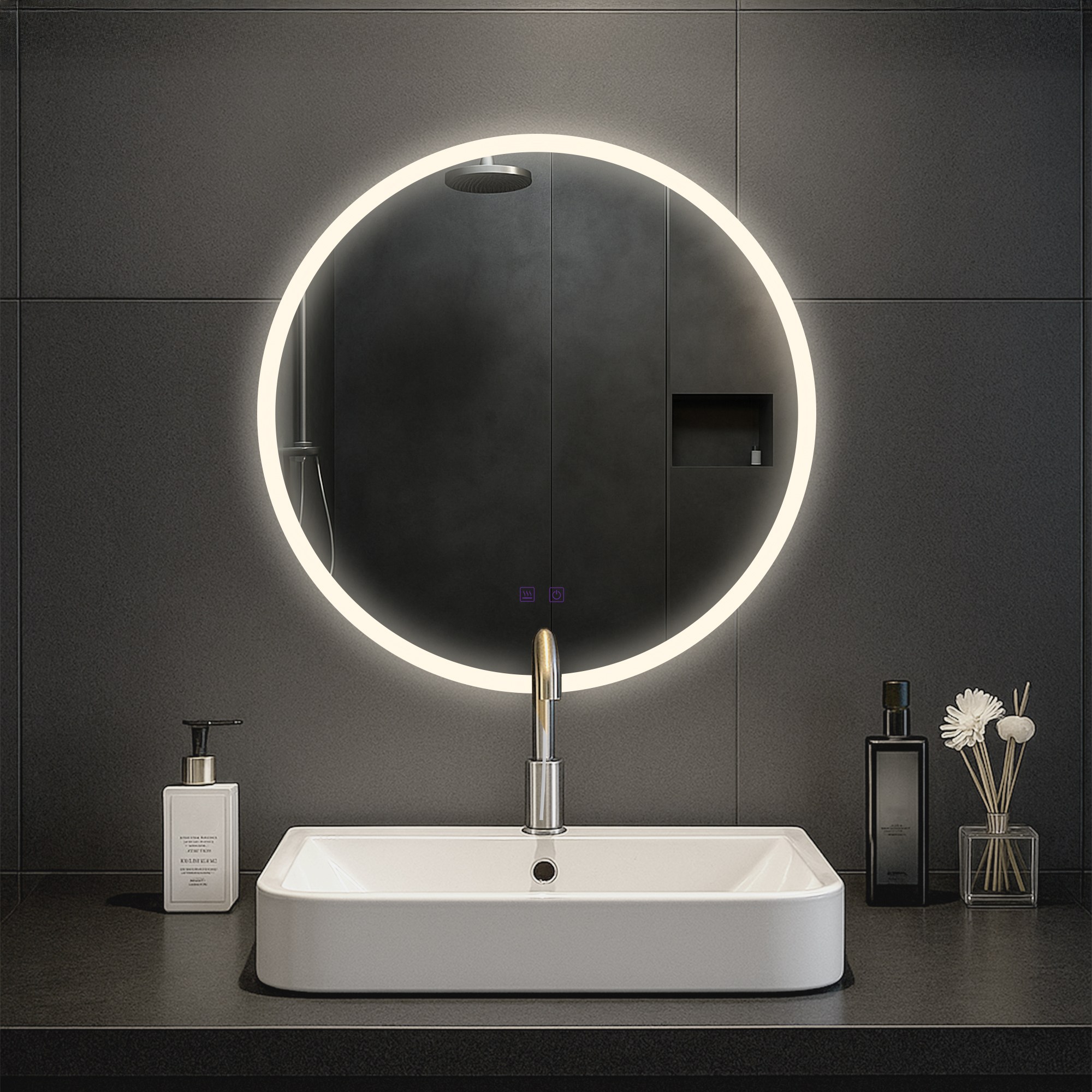 CLP Badspiegel Laconia mit Beleuchtung, Bluetooth-Lautsprecher, Anti-Beschlag Badezimmerspiegel, runder Wandspiegel LED dimmbar, 3 Licht-Modi 