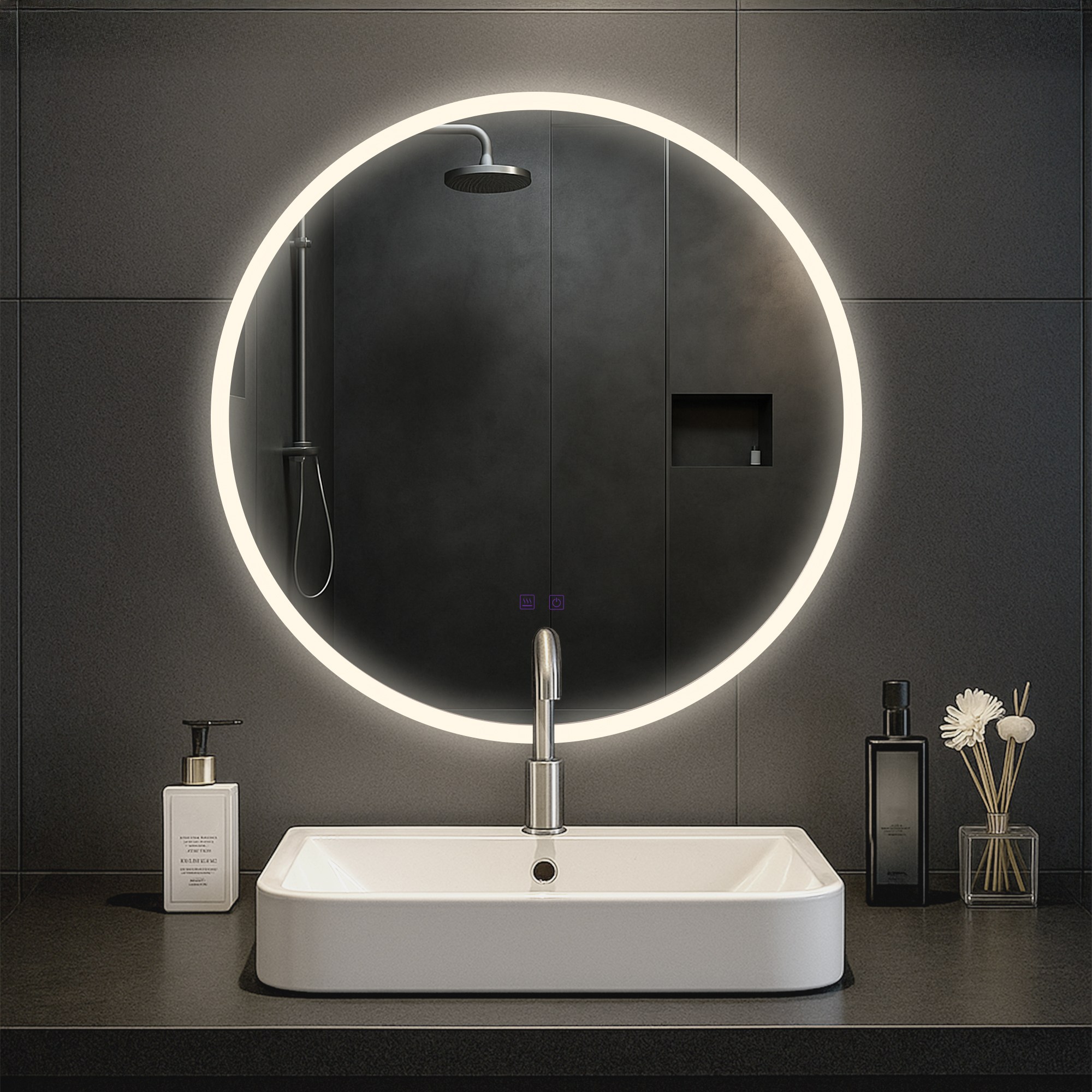 CLP Badspiegel Laconia mit Beleuchtung, Bluetooth-Lautsprecher, Anti-Beschlag Badezimmerspiegel, runder Wandspiegel LED dimmbar, 3 Licht-Modi 