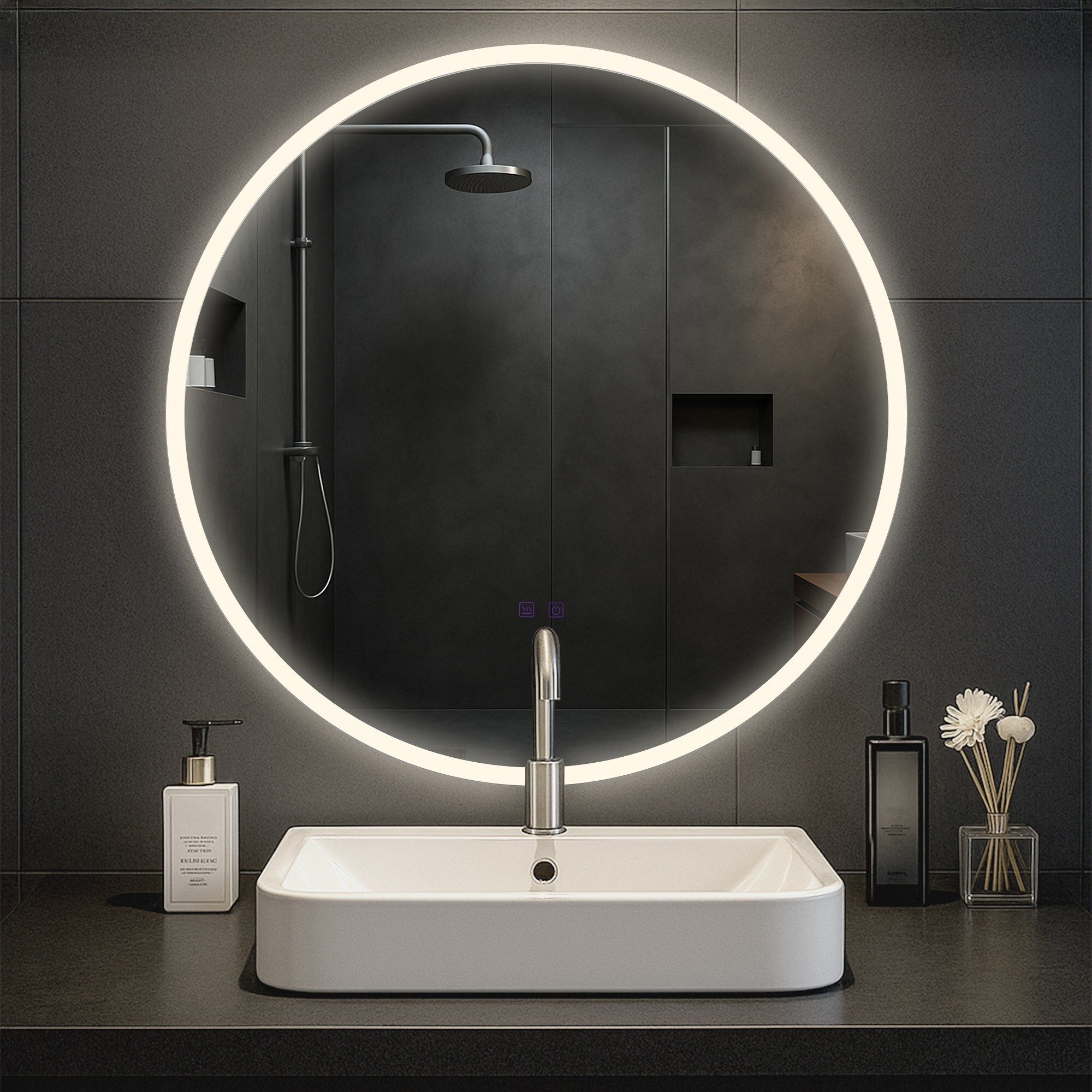 CLP Badspiegel Laconia mit Beleuchtung, Bluetooth-Lautsprecher, Anti-Beschlag Badezimmerspiegel, runder Wandspiegel LED dimmbar, 3 Licht-Modi 