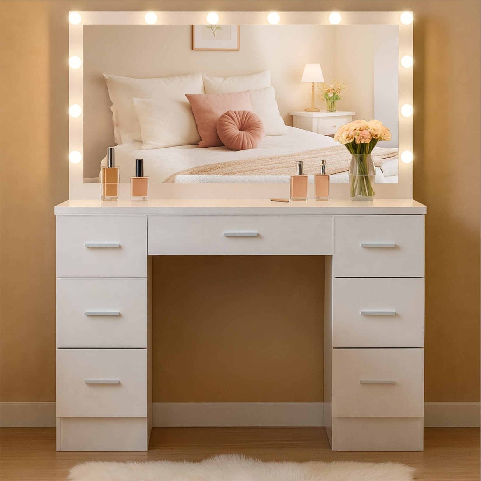 CLP Schminktisch mit Beleuchtung und Spiegel 110x55 cm Ginny, Hollywoodspiegel LED-Licht dimmbar mit 3 Lichtfarben, mit Schubladen