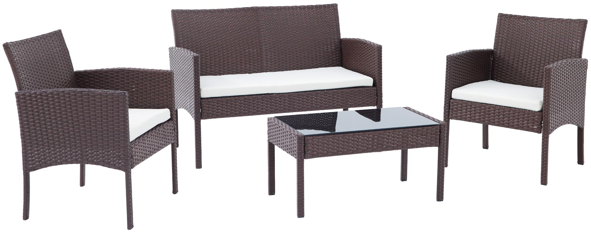 CLP Polyrattan Sitzgruppe Ramunda, Lounge-Set outdoor wetterfest, aus PE-Rattan, mit Tisch Sesseln Bank und Sitzkissen, Gartenm&ouml;bel-Set 