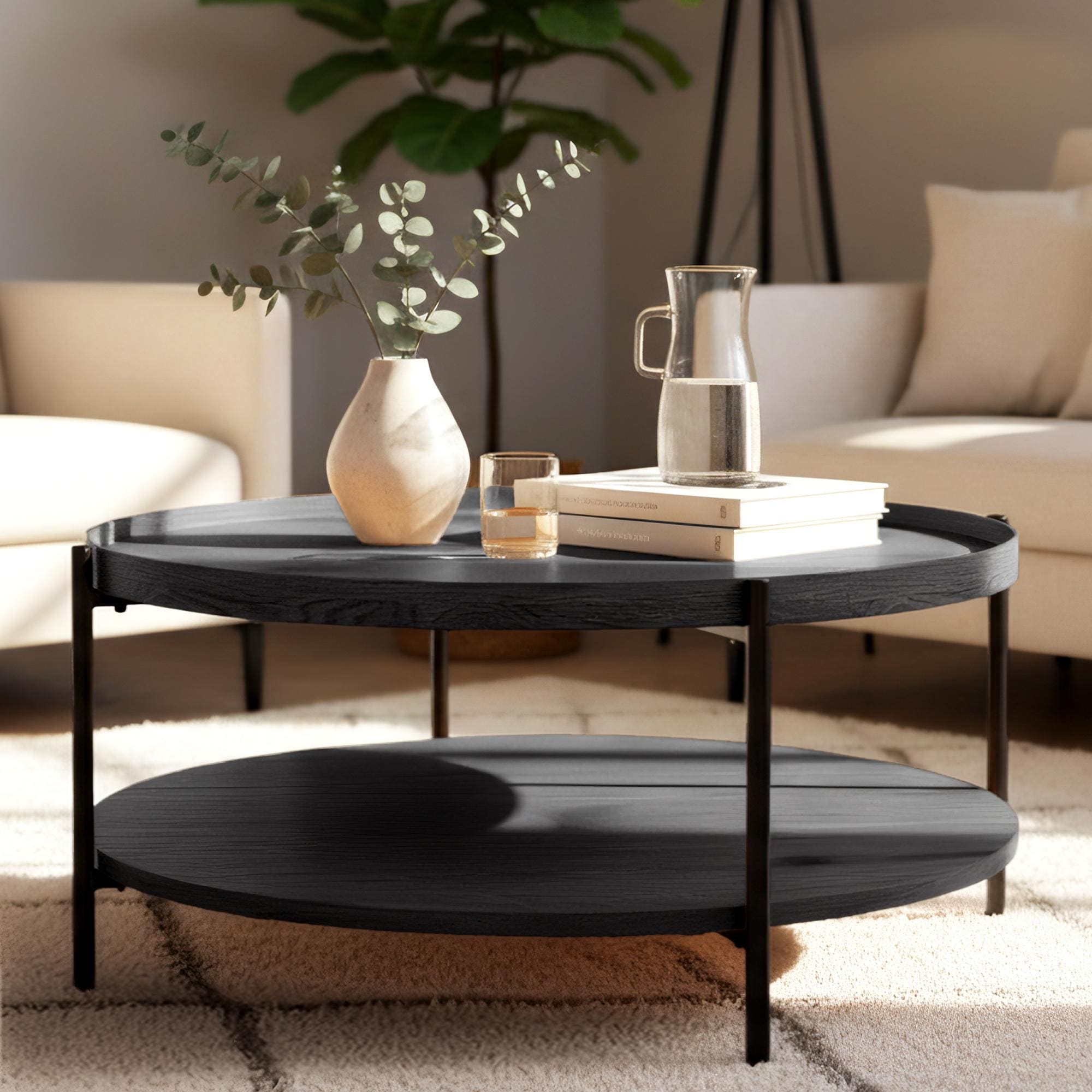 CLP Couchtisch rund Holz Corbitan, Sofatisch 2 Ebenen mit Stauraum, Beistelltisch klein Metallgestell schwarz 