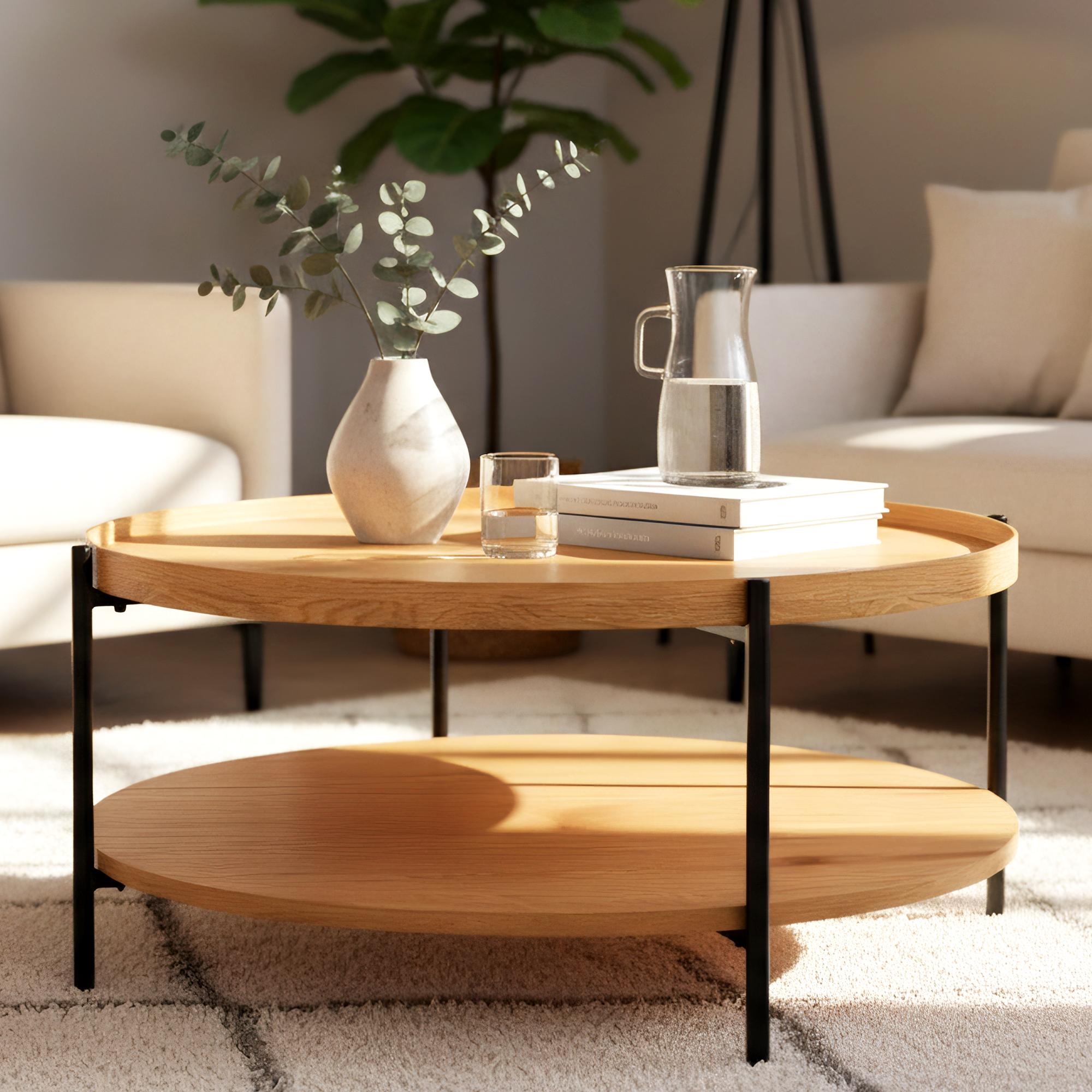 CLP Couchtisch rund Holz Corbitan, Sofatisch 2 Ebenen mit Stauraum, Beistelltisch klein Metallgestell schwarz 