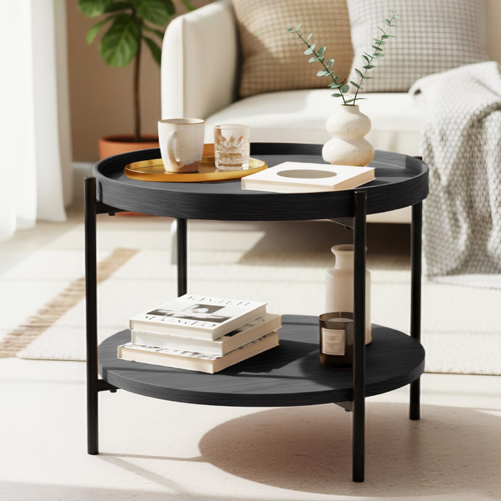 CLP Couchtisch rund Holz Corbitan, Sofatisch 2 Ebenen mit Stauraum, Beistelltisch klein Metallgestell schwarz