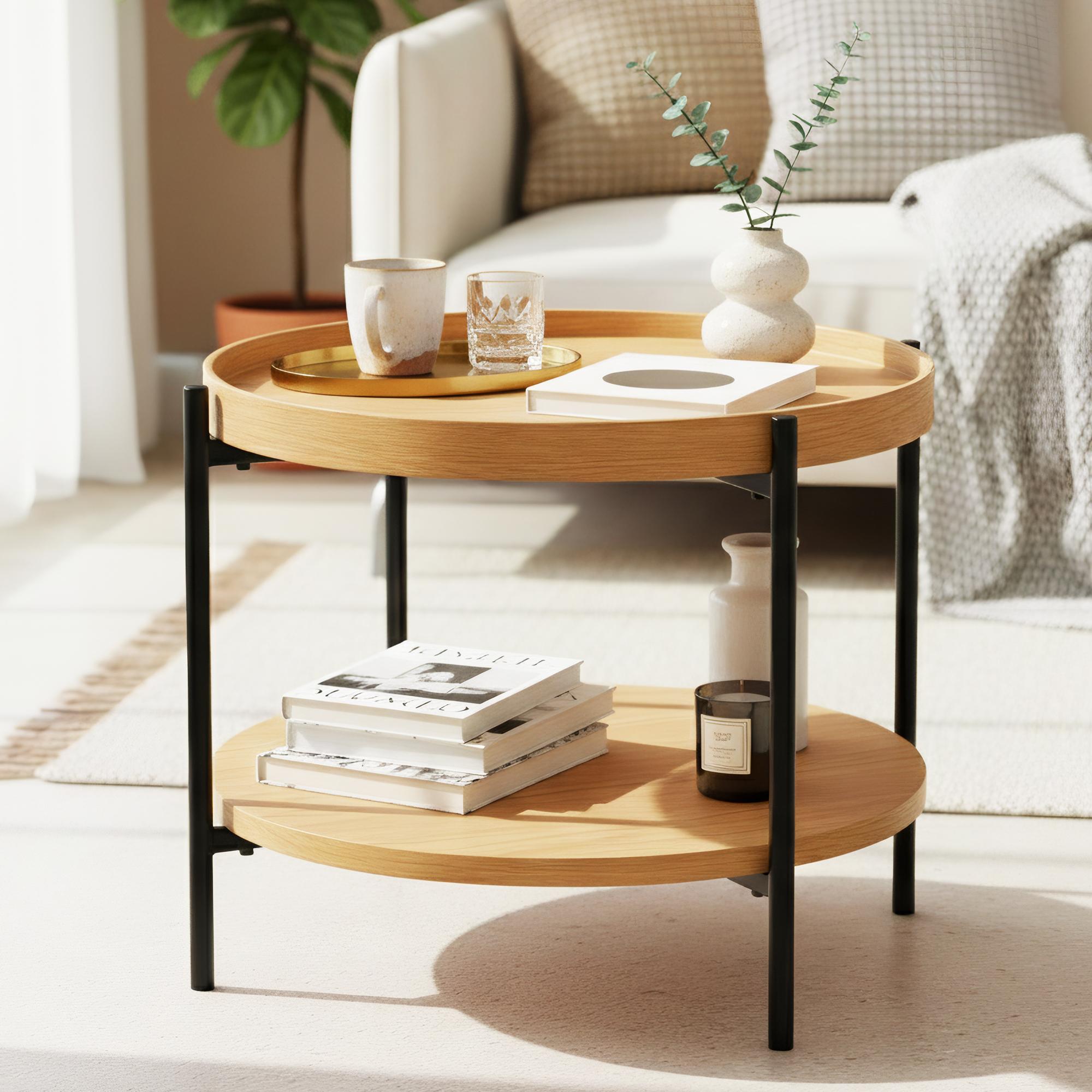 CLP Couchtisch rund Holz Corbitan, Sofatisch 2 Ebenen mit Stauraum, Beistelltisch klein Metallgestell schwarz 