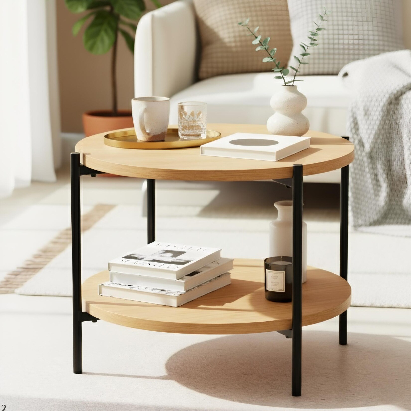 CLP Couchtisch rund Holz Edduma, Sofatisch 2 Ebenen mit Stauraum, Beistelltisch klein Metallgestell schwarz