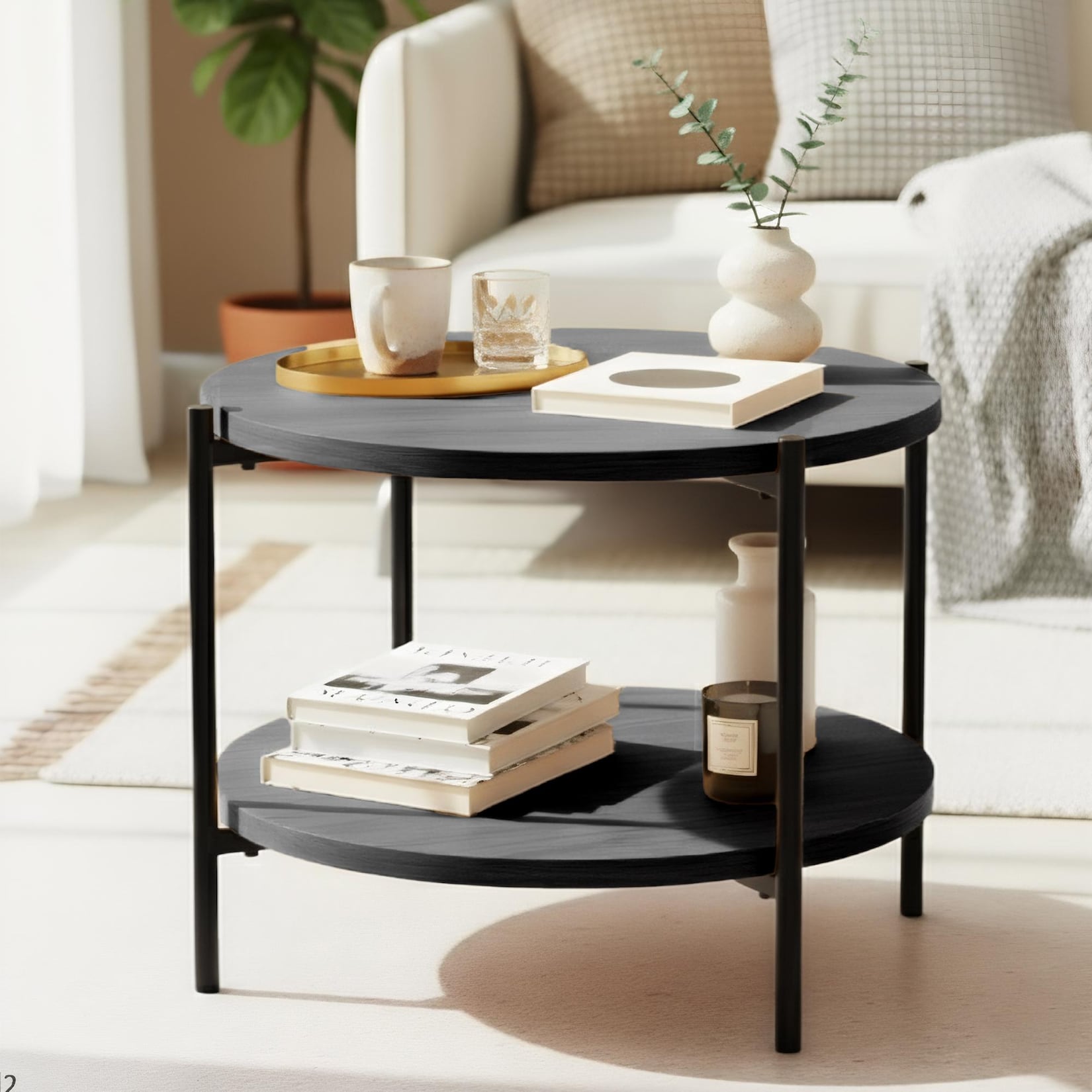 CLP Couchtisch rund Holz Edduma, Sofatisch 2 Ebenen mit Stauraum, Beistelltisch klein Metallgestell schwarz