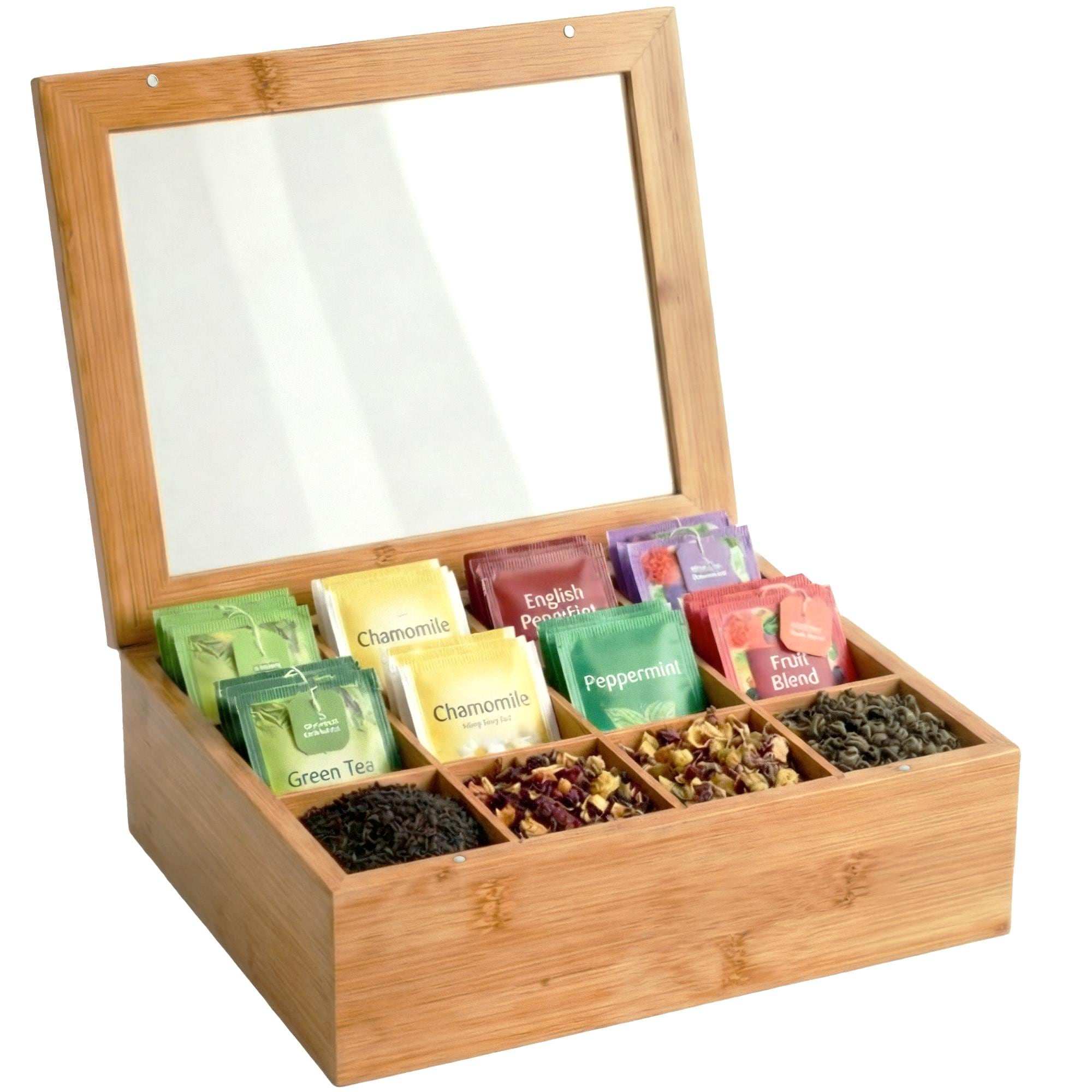 CLP Teebox f&uuml;r Teebeutel Holz Laprino, Teeaufbewahrung aus Bambus, Teekiste mit 12 F&auml;chern, Deckel mit Sichtfenster und Magnetverschluss 
