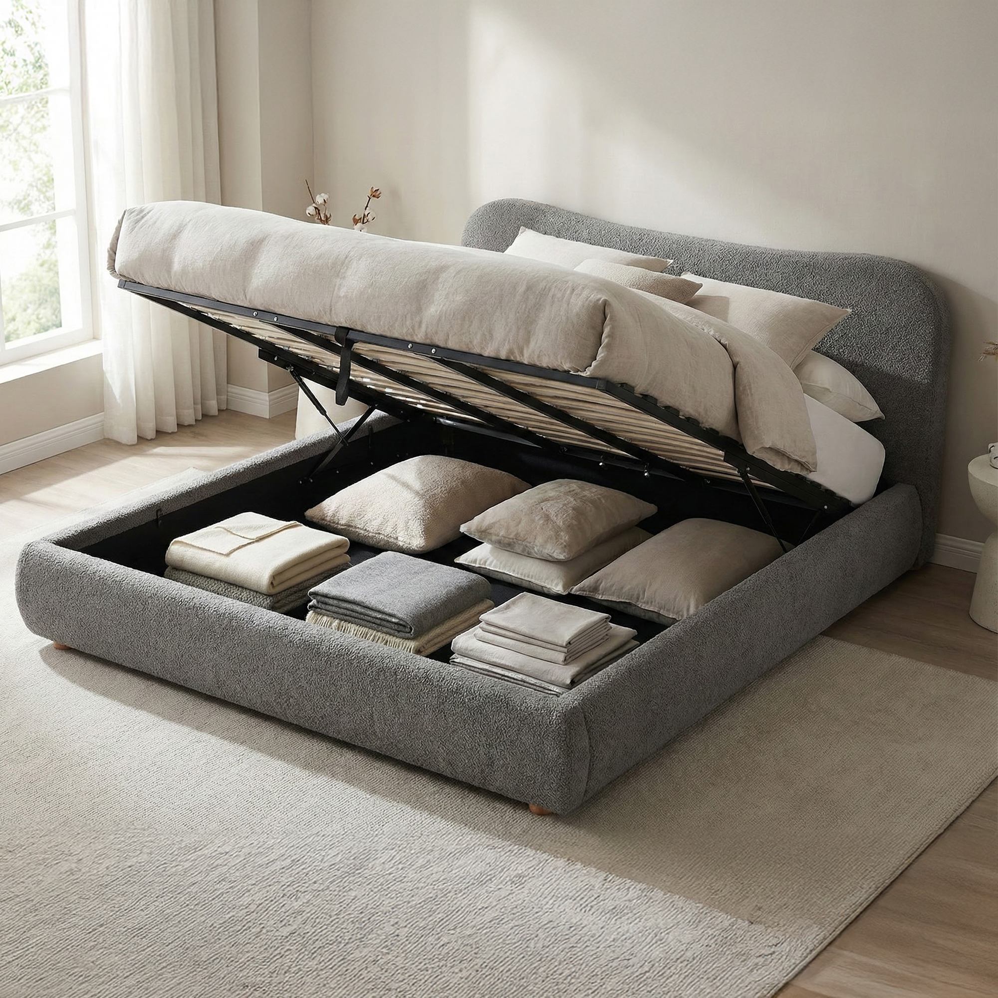 CLP Polsterbett mit Stauraum Maido, Bettgestell f&uuml;r Matratzen, Lattenrost mit Lift-Mechanismus, Doppelbett mit Teddystoff, bis 300 kg 