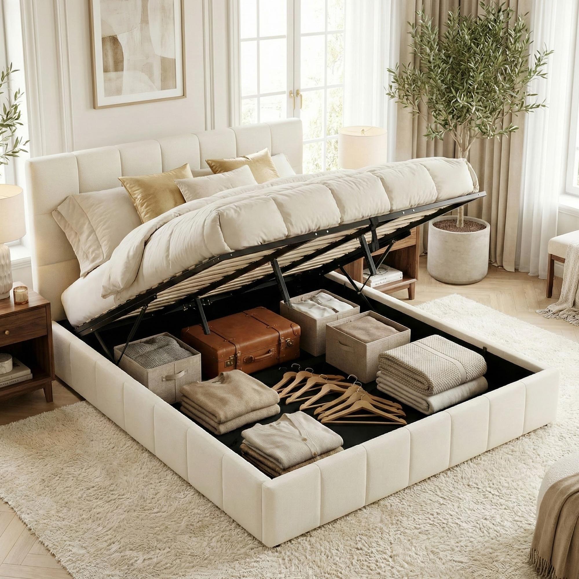CLP Polsterbett mit Stauraum Ladia, Bettgestell f&uuml;r Matratzen, Lattenrost mit Lift-Mechanismus, Doppelbett mit Stoffbezug, bis 300 kg 