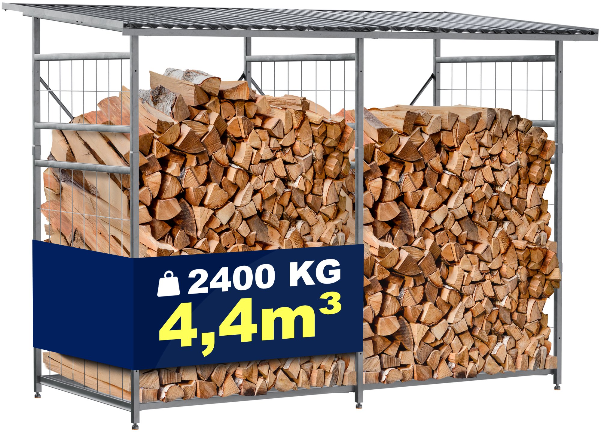CLP Brennholzregal Macon, wetterfest mit Dach frei w&auml;hlbarer Neigung, feuerverzinkter Stahl f&uuml;r 2,2m&sup3; oder 4,4m&sup3; Kaminholz, Holzlager 